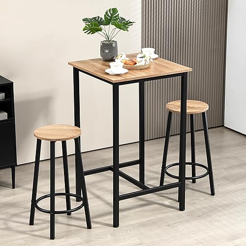 Finnhomy Bar Table Set, 23.6" Pub Table High Top Table, Square Bar Height Table, Bar Table with Stools, Kitchen Table Set for 2, Industrial Breakfast for Kitchen, Living Room, Greige
