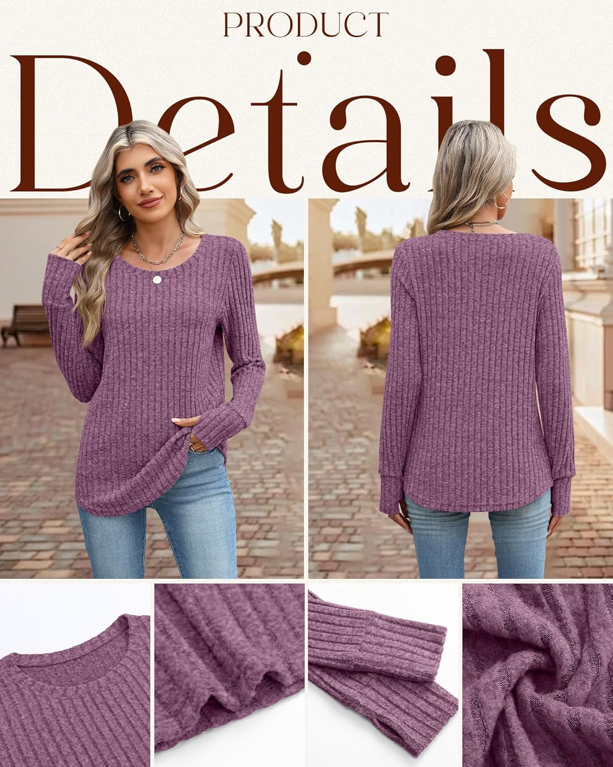 Huukeay 3 Pack Women's Long Sleeve Sweaters Lightweight Crew Neck Tunic Tops with Thumb Holes Loose Ribbed Curved Hem Shirts - Image 4