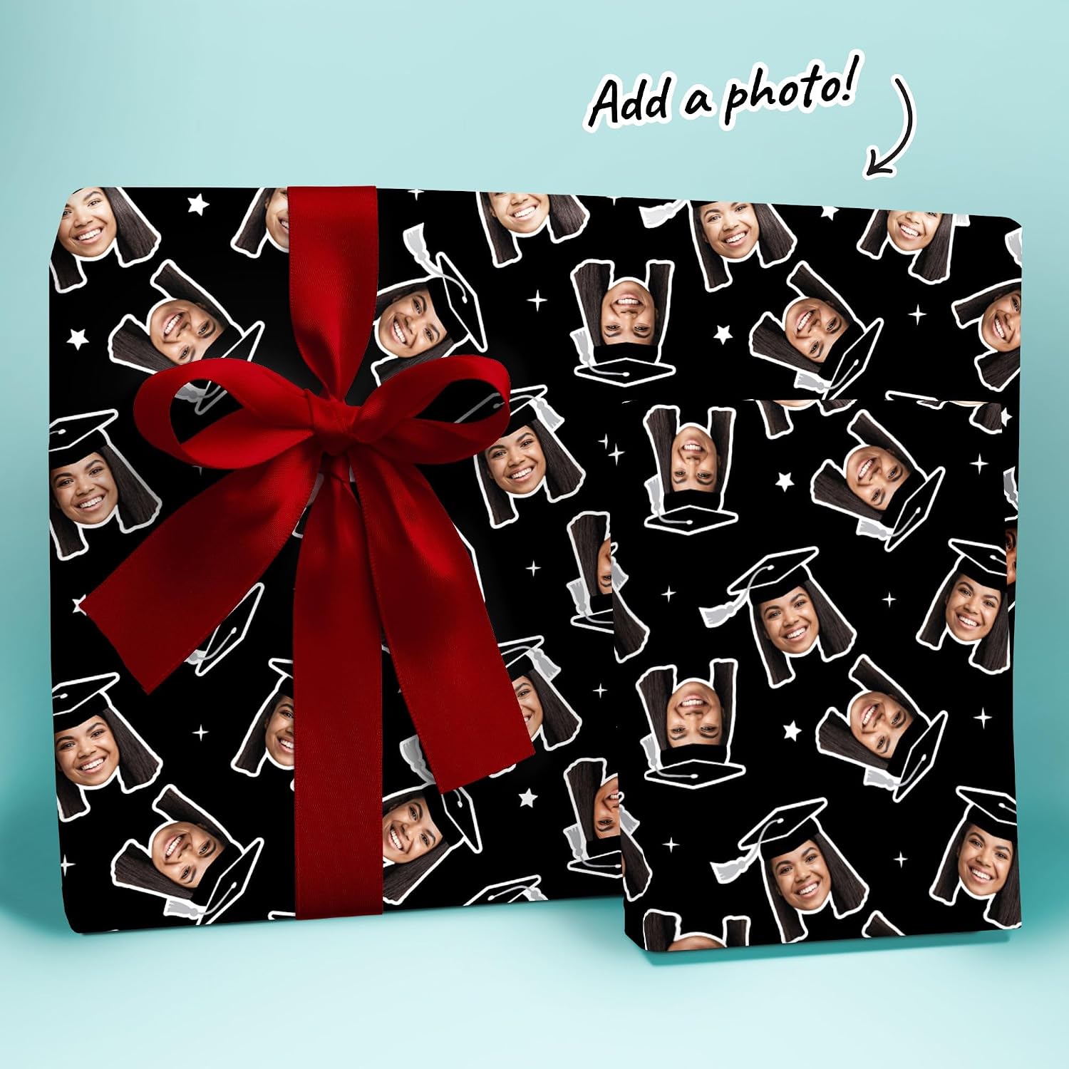Big Dot of Happiness Personalized Photo Graduation Wrapping Paper, Black Cap with Silver Tassel Head Picture Cutout, Custom Gift Wrap Supplies for Grad Party, 24 in x 7 feet (1 Fun Face, 1 Roll)
