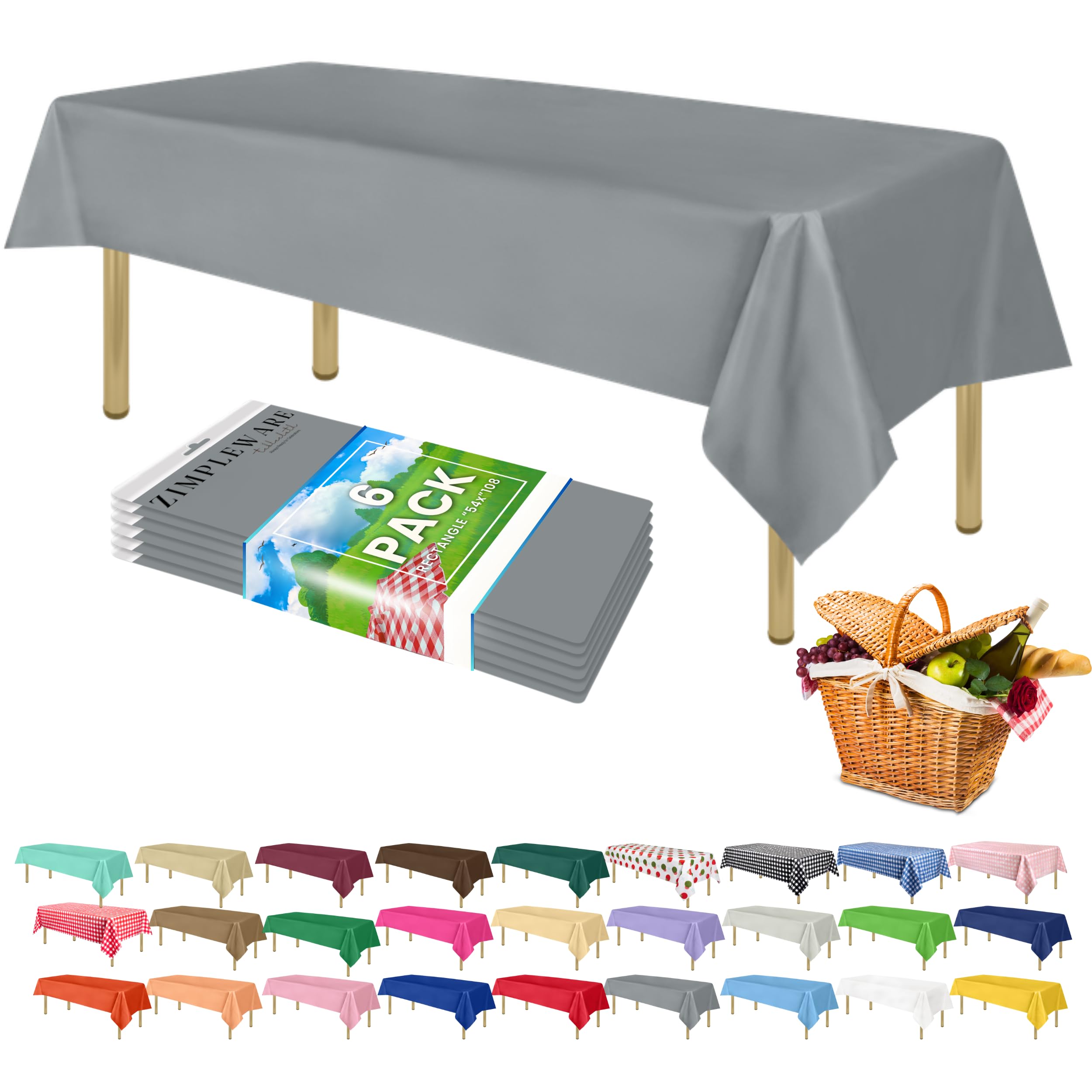 ZIMPLEWARE Premium Silver Plastic Table Cloth Disposable (6 Pk) Plastic Tablecloths for Rectangle Tables (54in x 108in) Party Table Cloths Disposable for 6ft to 8ft Rectangle Tables