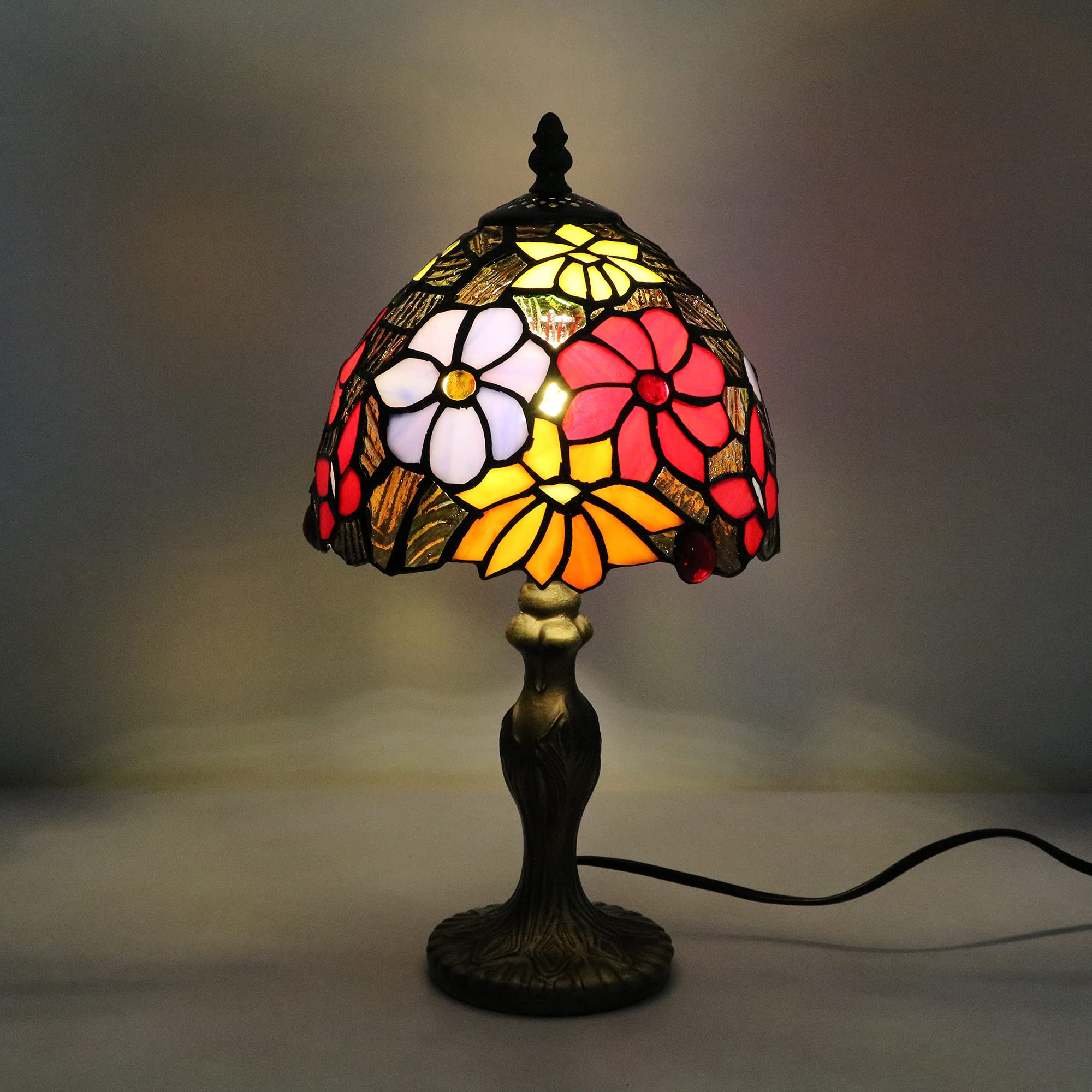 Tiffany Tischlampe, Glasmalerei Vintage Klein Tischlampe, E14 Rote Blume Kinderzimmer Deco Nachtlicht, Jugenstil Dellemade Tischlampe Schlafzimmer/Wohnzimmer [Ohne Glühbirnen]