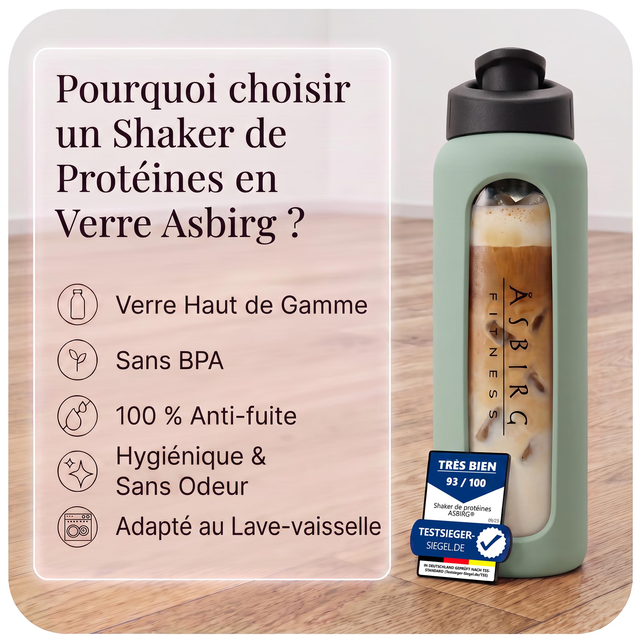 Lot de 3 Shakers Protéinés en Verre – 700ml avec Bille Mélangeuse Spiralée – Pastel Lilas, Vert et Beige – Sans BPA, Étanche, Idéal Fitness & Musculation