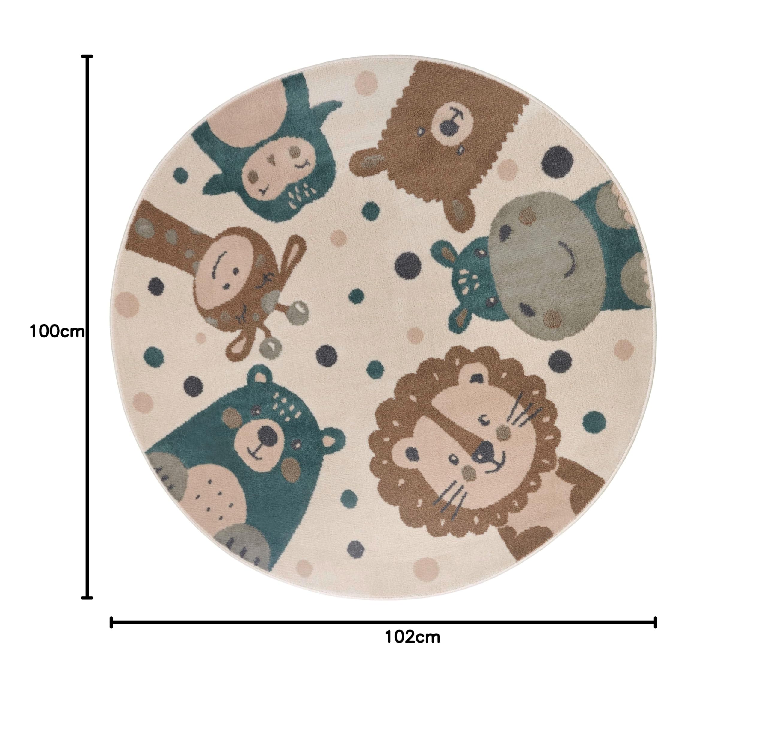 Hanse Home Adventures Kinderteppich Rund - Tiere Muster Löwe Bär Teppich Junge Mädchen für Kinderzimmer, Spielzimmer, Jugendzimmer, Wohnzimmer - Creme Braun Blau, 100cm