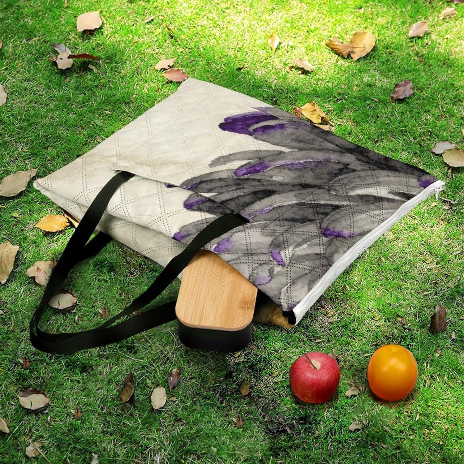 Gray Chrysanthemum Flower Picnic Blanket with Zipper Water Resistant Sand Free Picnic Mat Washable Foldable Easy Carry Beach Blanket for Lawn Beach Hiking Camping