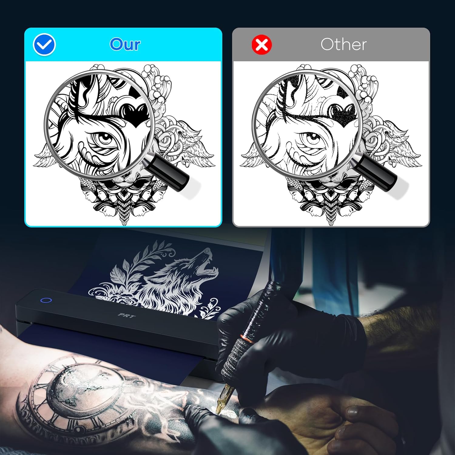 PRT Tattoo Stencil Printer Wireless with 10pcs Transfer Paper, Portable Thermal Tattoo Printers for Tattoo Artists & Beginners, Compatible with Phone& Tablet& PC, Black
