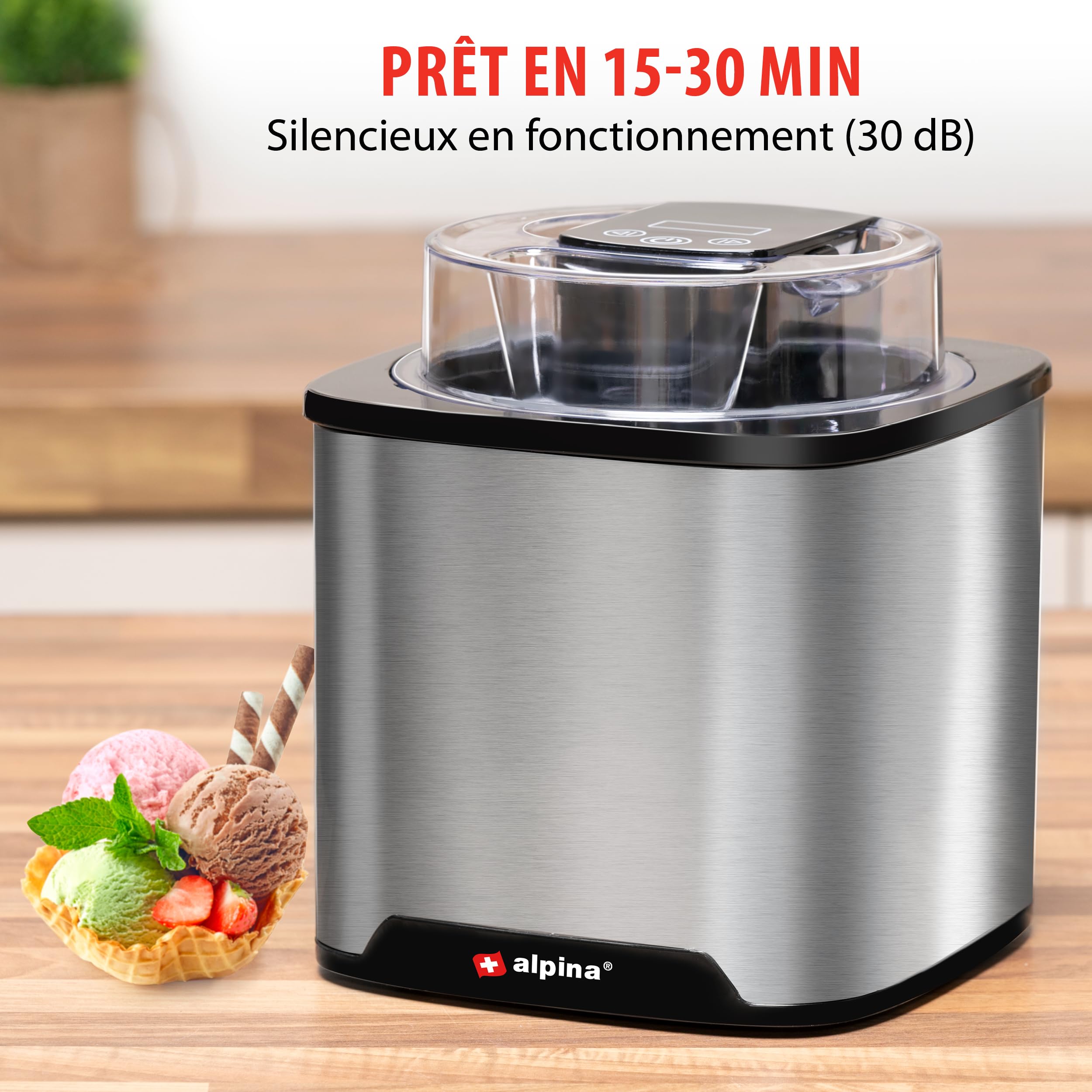 alpina Sorbetiere - Machine a Glace - Turbine a Glace pour Sorbetières, Glace Italienne et Yaourt Glacé - Sorbetiere Turbine a Glace 2L - Arrêt Automatique - Acier Inoxydable - Argenté