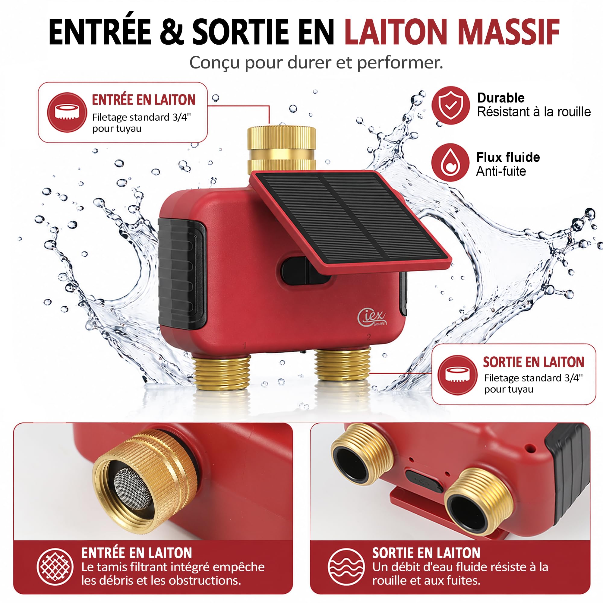 Programmateur d’arrosage WiFi 2 Zones, minuteur d’Eau Solaire Rechargeable Double Sortie, raccords en Laiton, sans hub, Compatible Alexa et Google Assistant