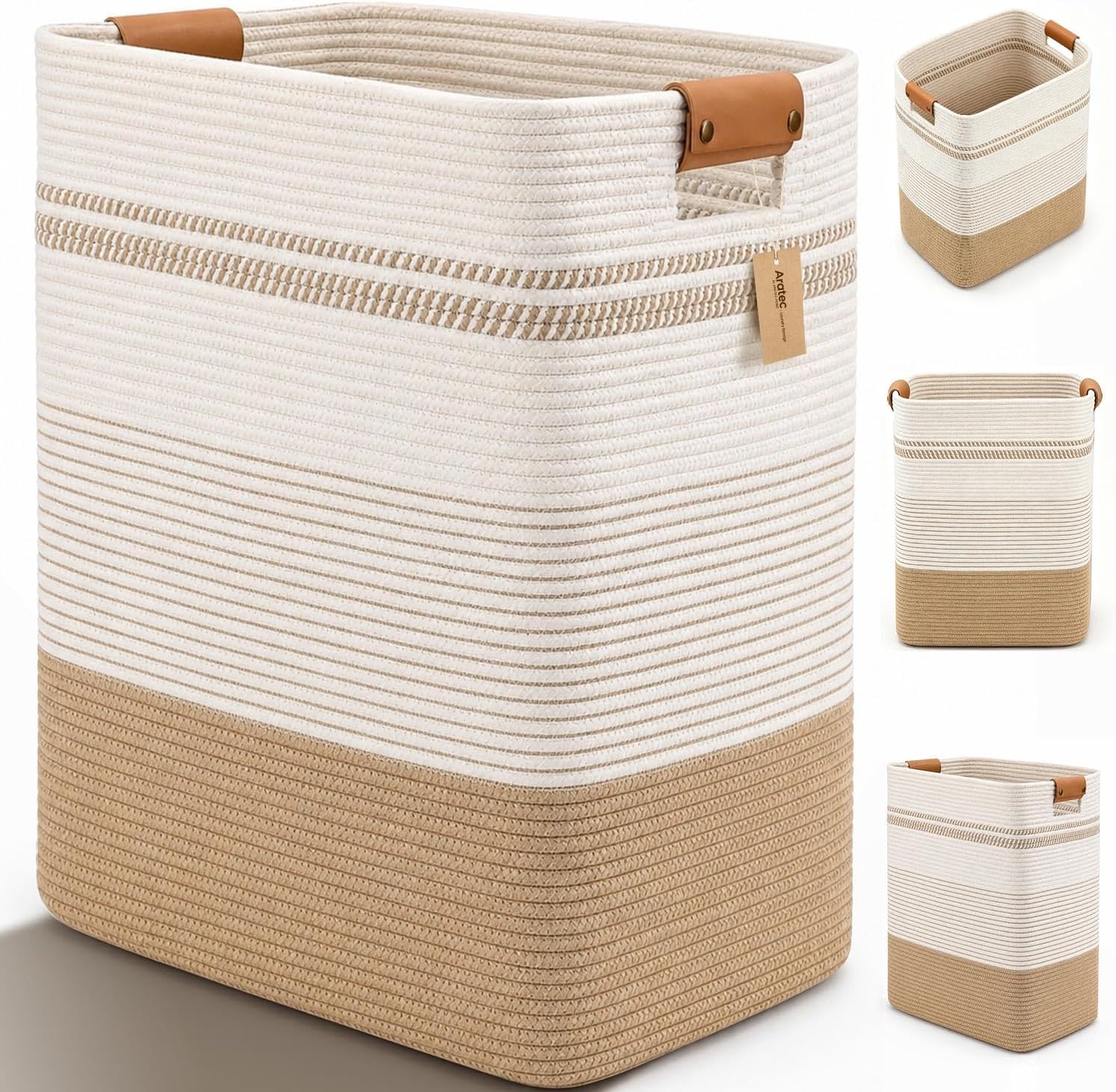 Laundry Hamper, Cotton Rope Laundry Basket with Leather Handles, 21.1-Gallon/80 L Large Clothes Hampers for Laundry, Handwoven Laundry Baskets for Blankets, Children Toys, Bedroom, Living Room