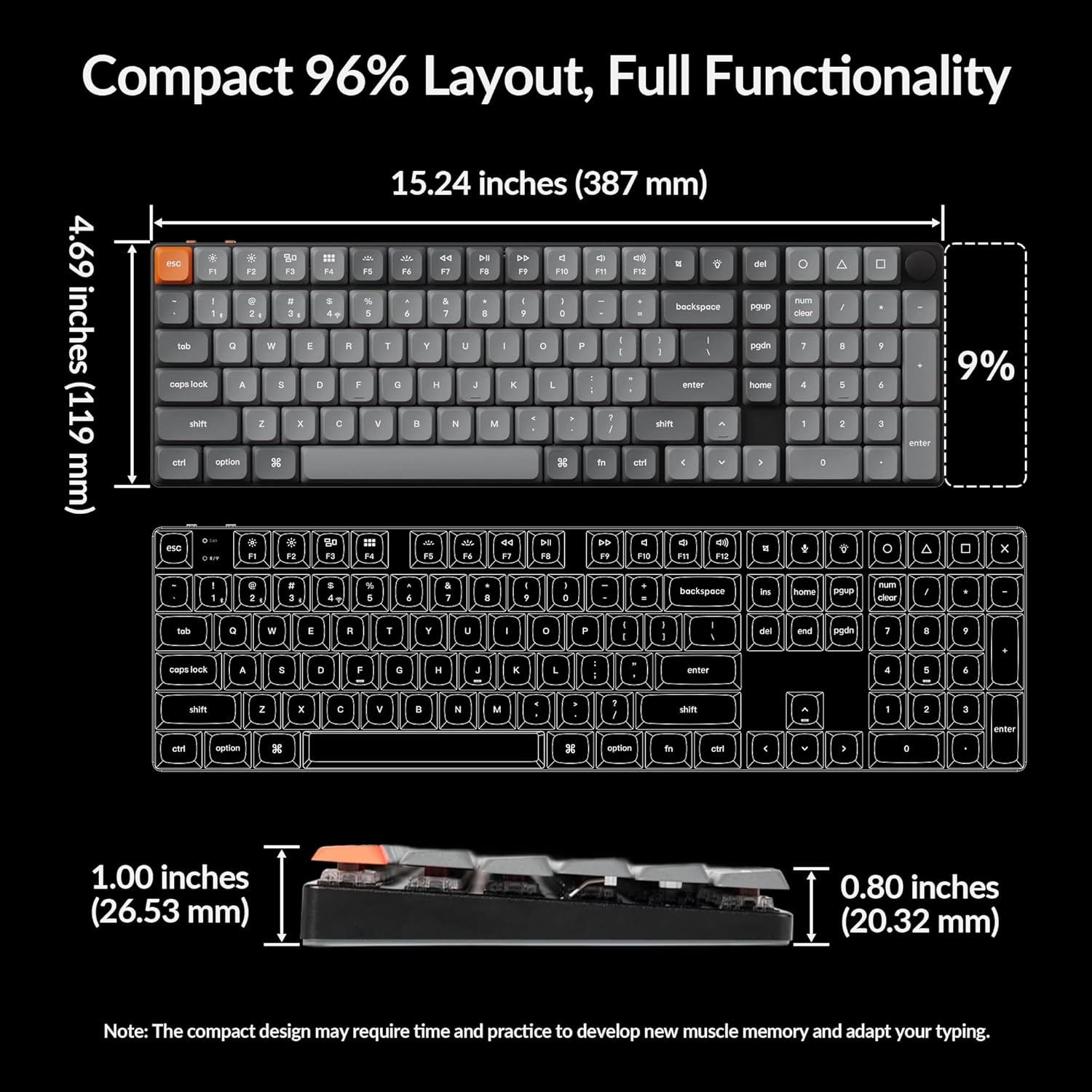 Diagram showing the compact 96% layout and dimensions of the Keychron K17 Max keyboard