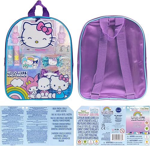 Miniatura 8 de Hello Kitty and Friends - Juego de mochila rellena de maquillaje Townley Girl con 12 piezas, incluye brillo de labios, esmalte de uñas, piedras de