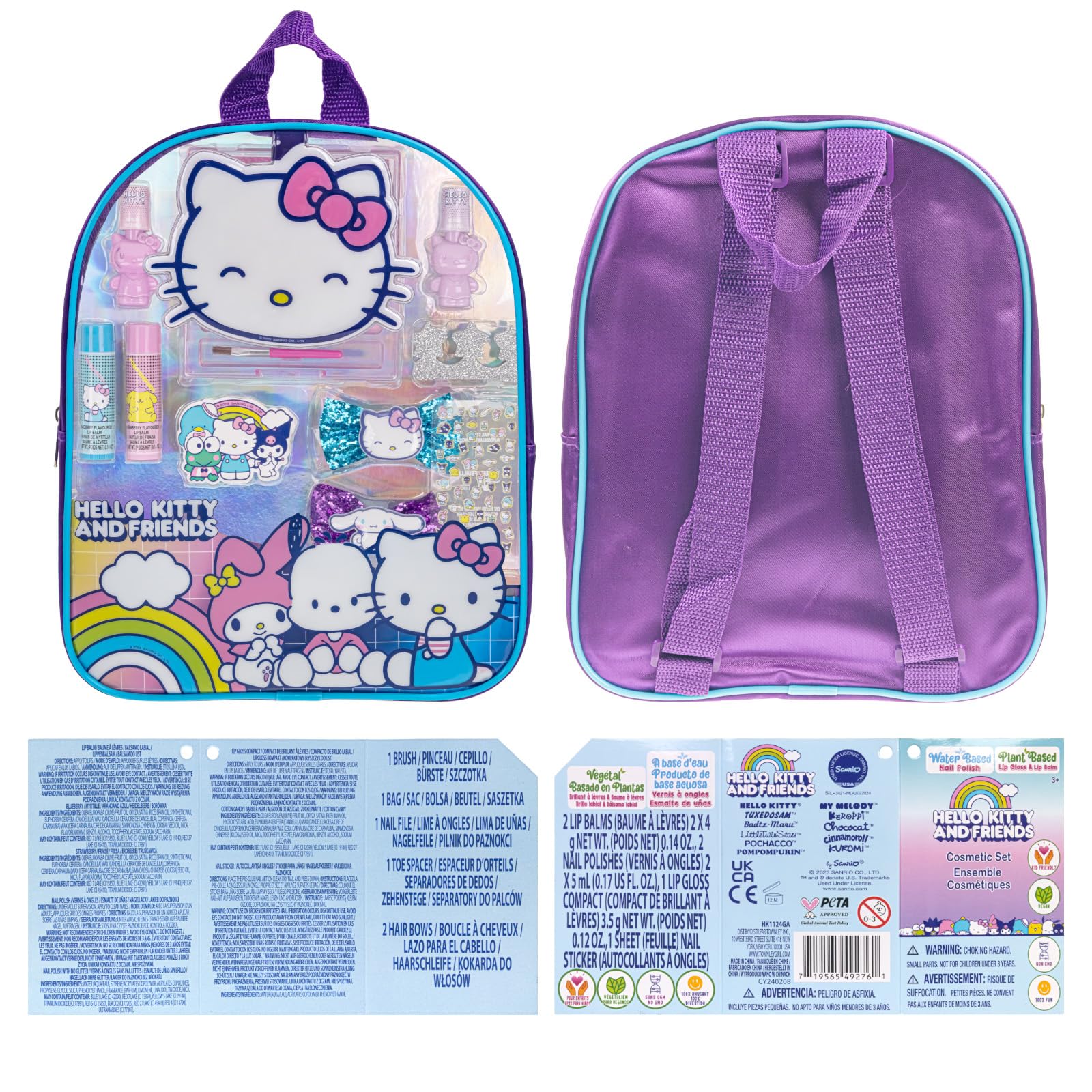 Hello Kitty and Friends - Juego de mochila rellena de maquillaje con 12 piezas, incluye brillo de labios, esmalte de uñas, piedras de uñas y otros accesorios, a partir de 3 años para fiestas, fiestas 8
