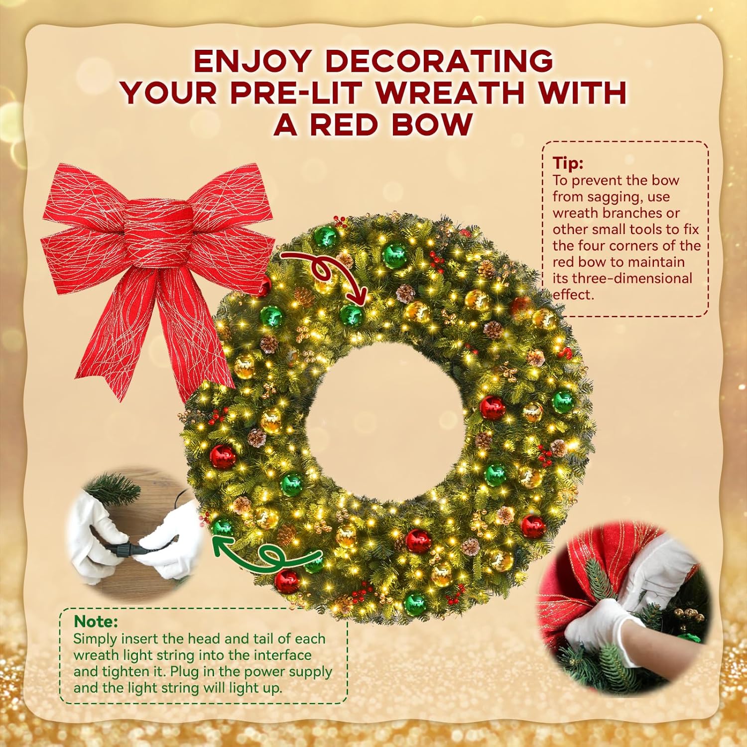 Christmas Wreath - 48 Inch Large Outdoor Christmas Wreath with Lights - 200LED Pre-Lit Christmas Reef 512 PVC Tips Artificial Xmas Wreaths with Timer, Bows Ornament Balls Pine Cones Berries