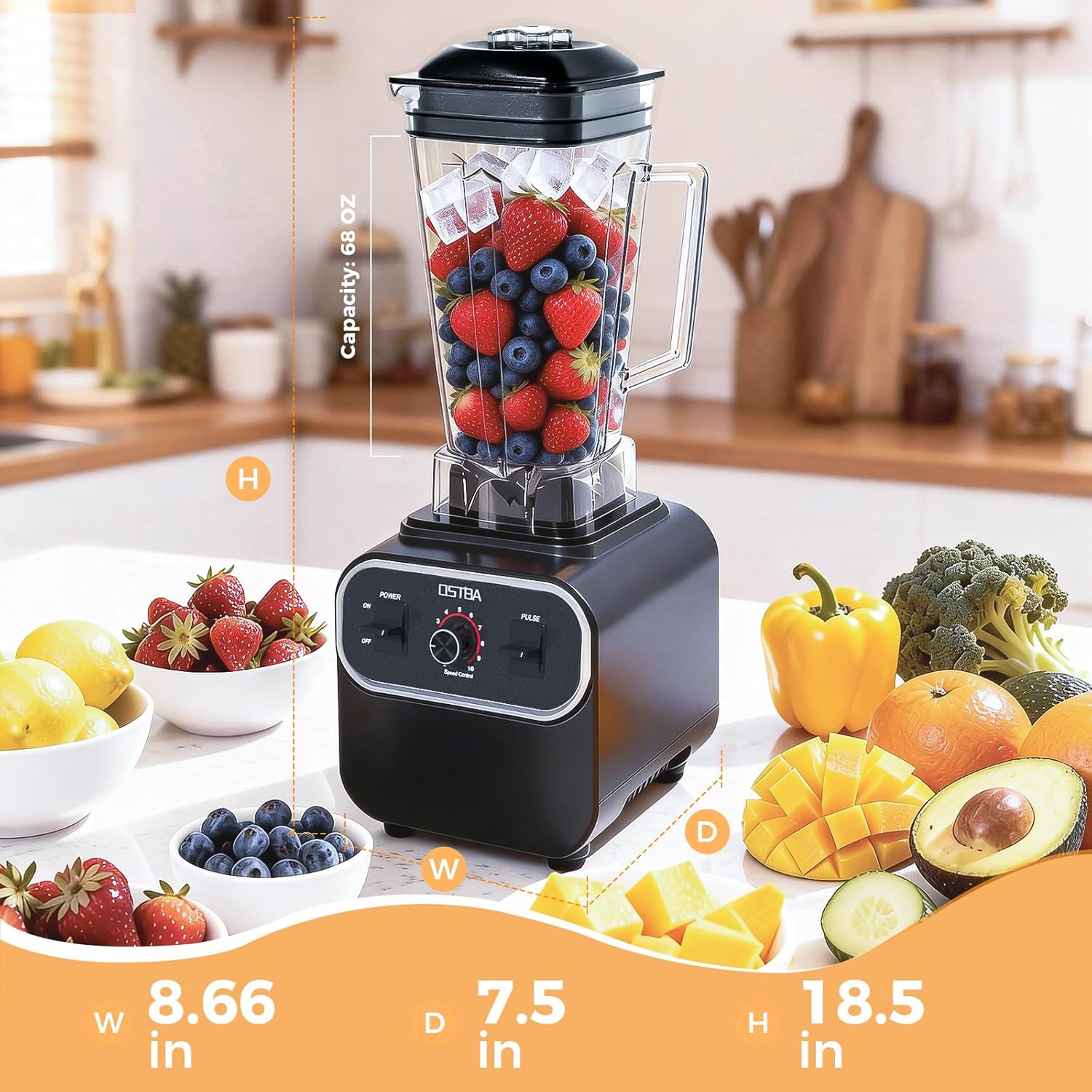 OSTBA 1600W Commercial Professional Blender for Kitchen, Heavy Duty Countertop Smoothie Blender, 68oz Large Capacity, 10-Speed Control, 6-Leaf Blades for Ice Crushing & Frozen Fruit, BPA-Free