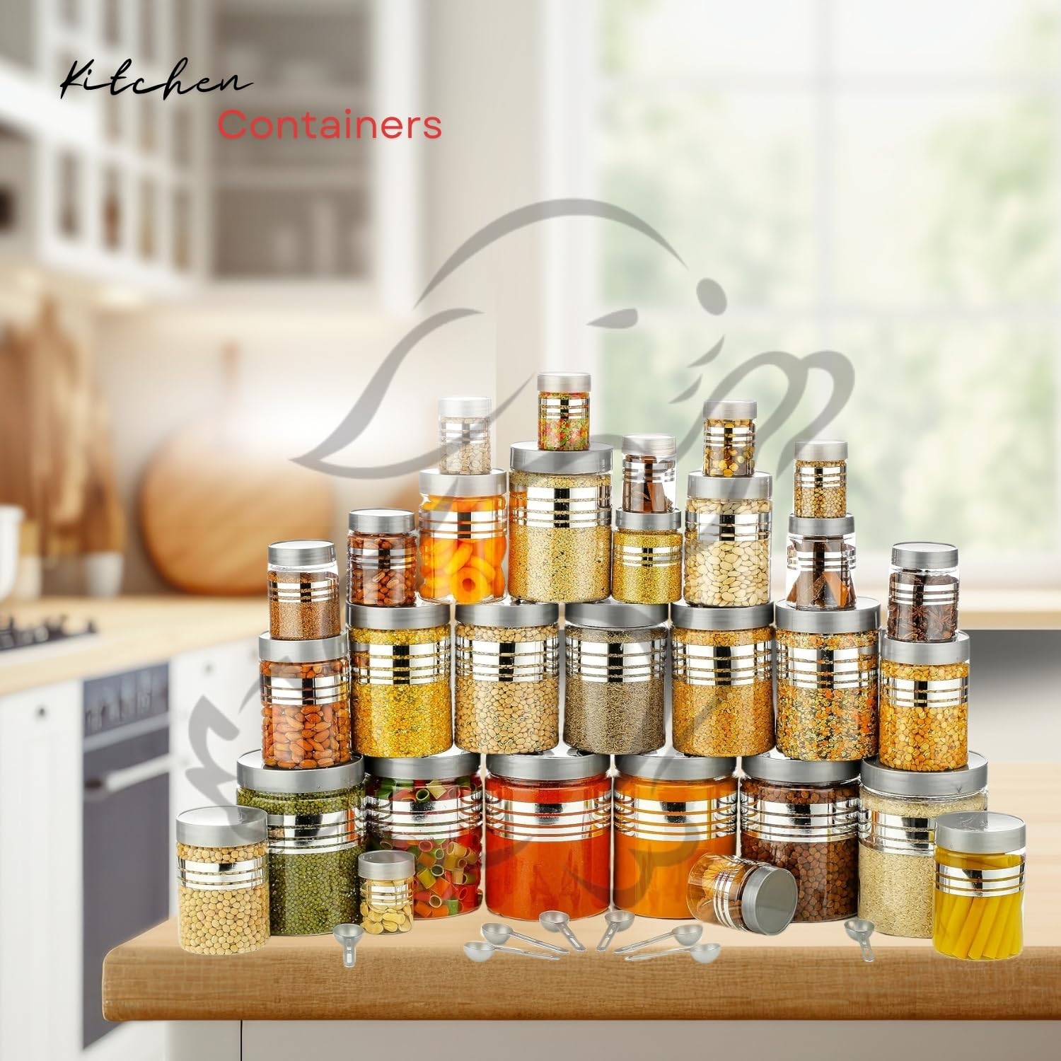 RABBY Plastic Pet Storage Jar and Container, Set of 24 With Spoons Air Tight | Kitchen Organiser Improved Model Silver line Printed 3