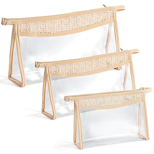 Miniatura 10 de Bolsa de cosméticos con parches bohemios, regalo de verano, SPF, chenilla, kit de aseo con letras universitarias, color beige, transparente