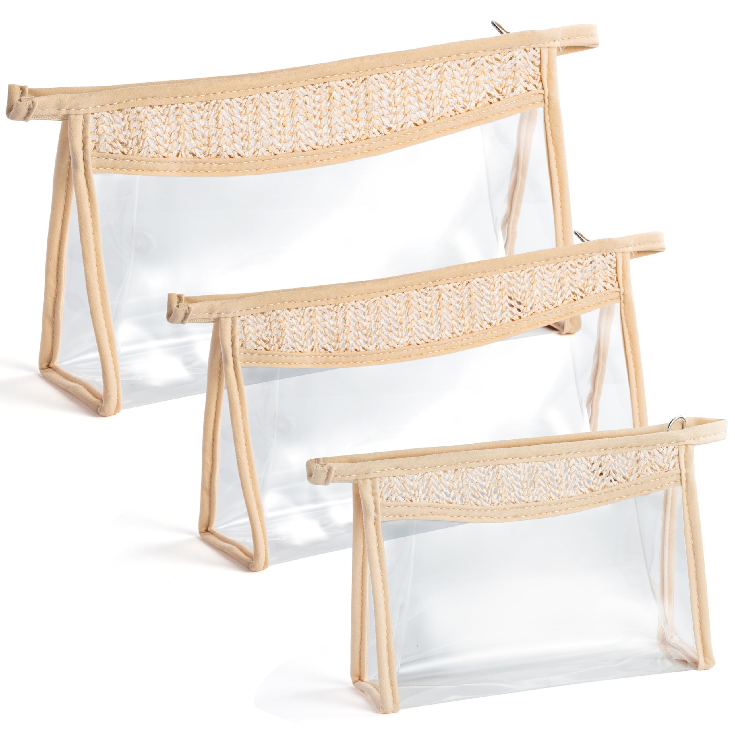 Belanttega Boho Patch Cosmetic Bag - 3Pcs Summer Toiletry Bag Beige Clear Waterproof Travel Makeup Bag PVC Zipper Clutch Daily Use Purse Summer Beach