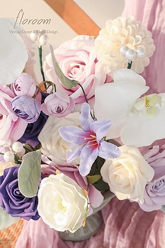 Miniatura 5 de Floroom - Flores artificiales de aspecto real en color lila, lavanda, púrpura y crema, rosas falsas, dalias y vegetación en conjunto de caja para