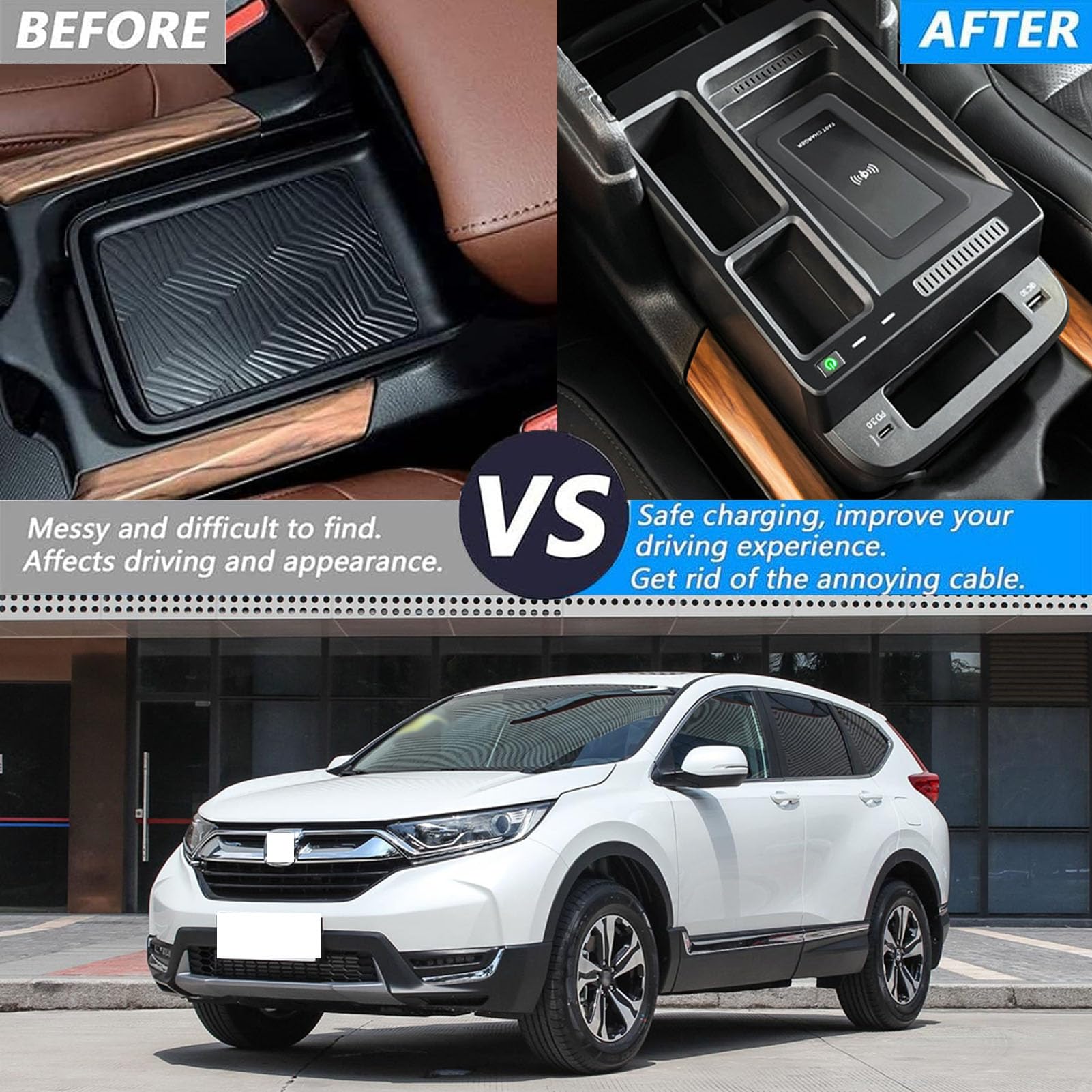 Caricabatterie Wireless per Auto per Tutti i Modelli CR-V, Accessorio con Ricarica Wireless da 15 W e Organizer Multifunzionale per Console Centrale, Regalo per la Famiglia