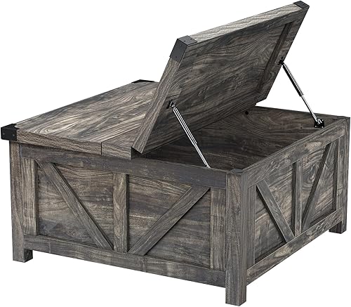 Miniatura 7 de Farmhouse Lift Top Coffee Table with Storage, Wood Square Center Table with Charging Station&USB Port, Living Room Table w/Large Hidden Space, for