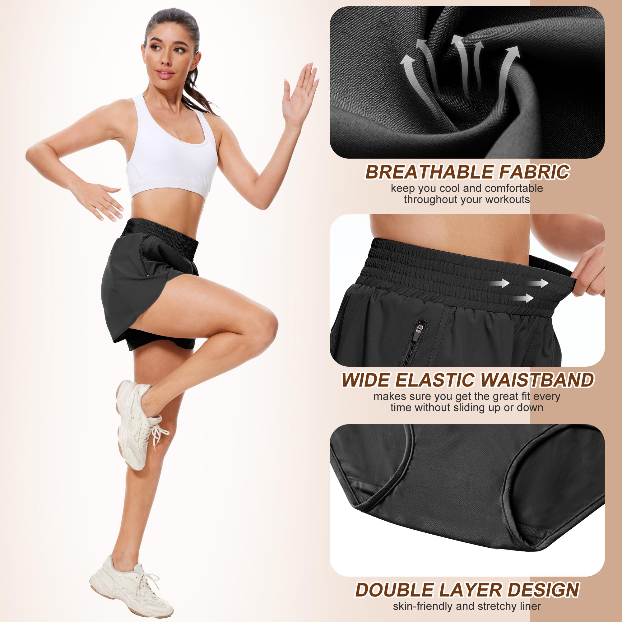 Lot de 5 shorts de sport courts pour femme - Avec poche zippée - Pour l'été - Pour la course à pied, le yoga, la course, le fitness, la course à pied