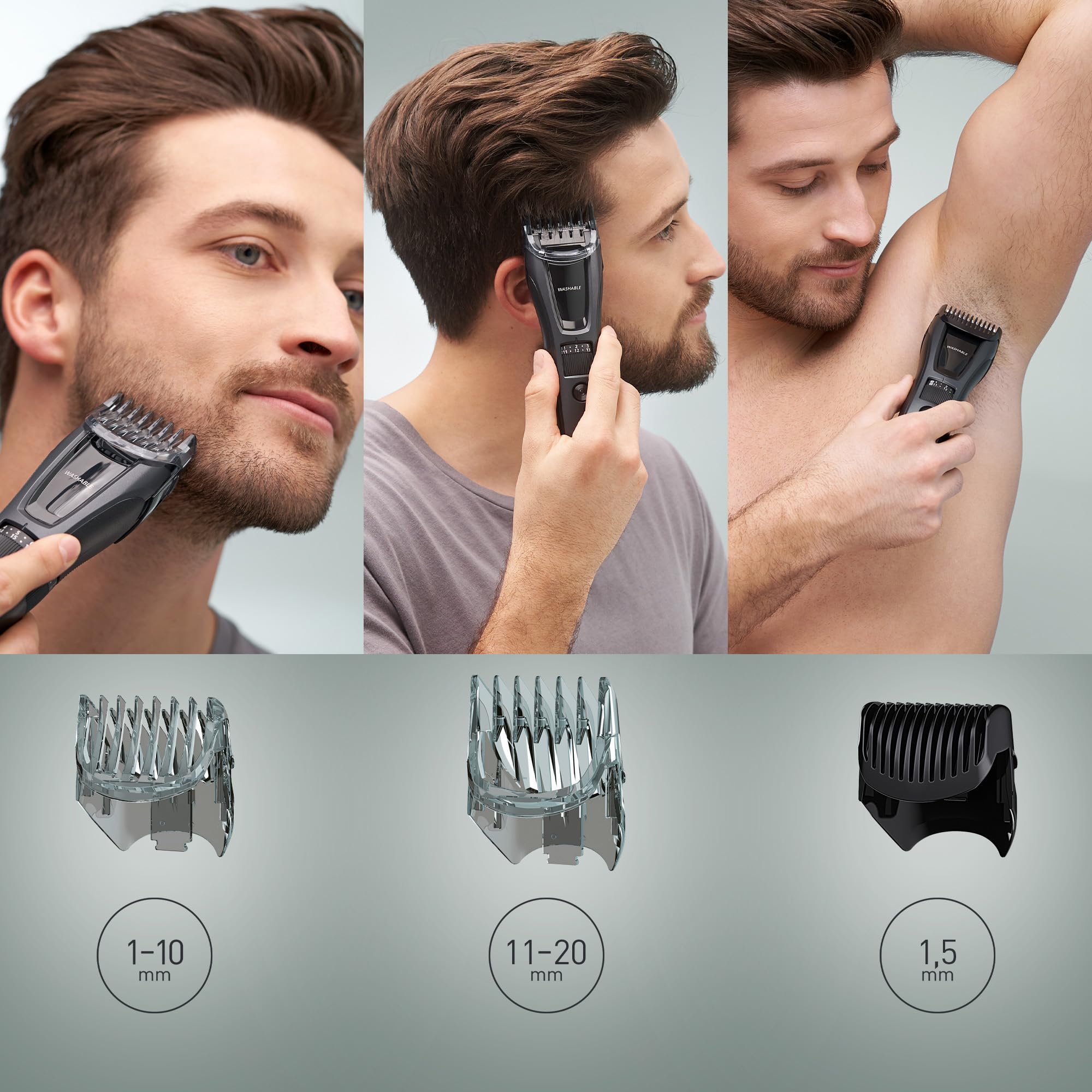 Panasonic ER-GB62-H503 Bart-, Haar- & Körperschneider für Männer, tragbarer, kabelloser, wasserdichter Trimmer, 39 Längeneinstellungen, 3 Aufsätze, kabelloser & kabelgebundener Betrieb, Mattgrau