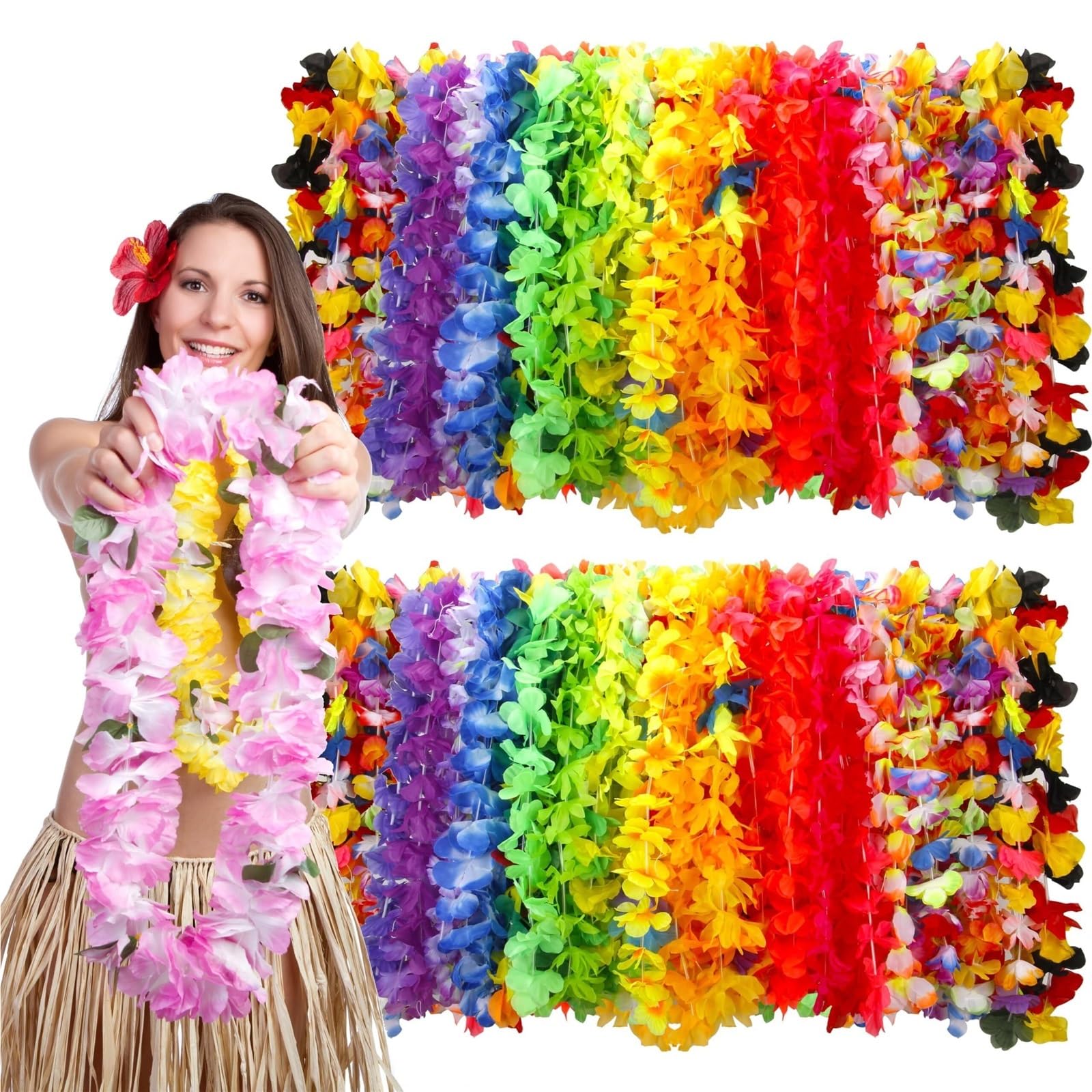 Collar de Flores Seda con temática Hawaiana, 50-200 Unidades, for Fiestas Playa, Bodas y cumpleaños para Fiesta Verano(100pcs)