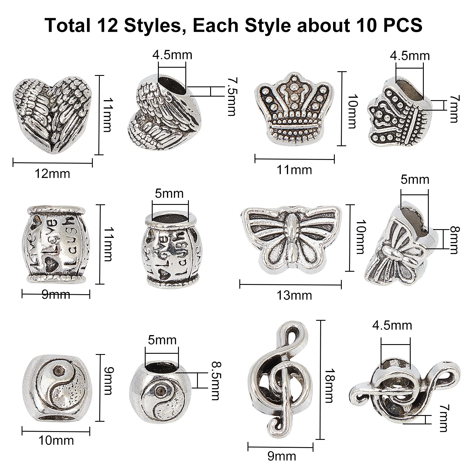 nbeads 96 Stück 16 Stile Tibetischen Antik Silber Spacer Perlen große Loch K