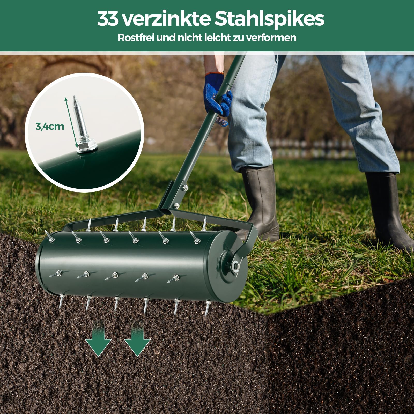 COSTWAY Rasenlüfter Walze manuell, 53 x 130 cm, Rasenrolle mit Stiel & Nägeln, Handvertikutierer rollend, Rasenbelüfter Gartenwalze, Vertikutierer Rasenwalze Garten Hof Rasen, Grün