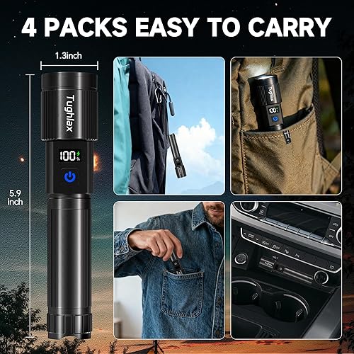 Miniatura 9 de Paquete de 4 linternas recargables de alto lúmenes, linterna LED recargable con pantalla digital LCD, 5 modos de luz de flash ajustable, linterna