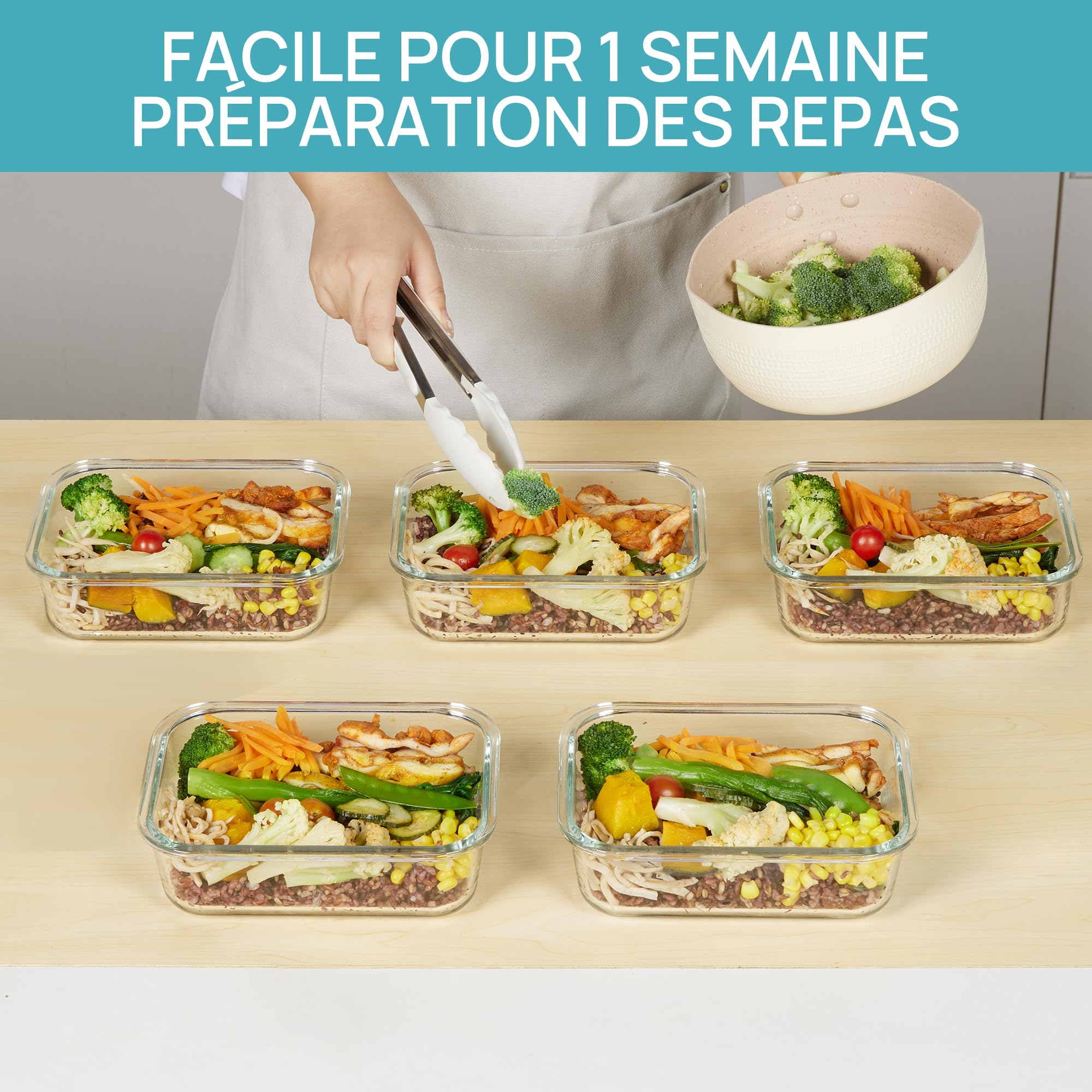 Vtopmart Lot de 5 Lunch Box Verre, 1035ml Boite Alimentaire Verre avec Couvercle, Meal Prep Containers, Hermétique Et Réutilisable, Compatible Four, Micro-Ondes, Congélateur Et Lave-Vaisselle