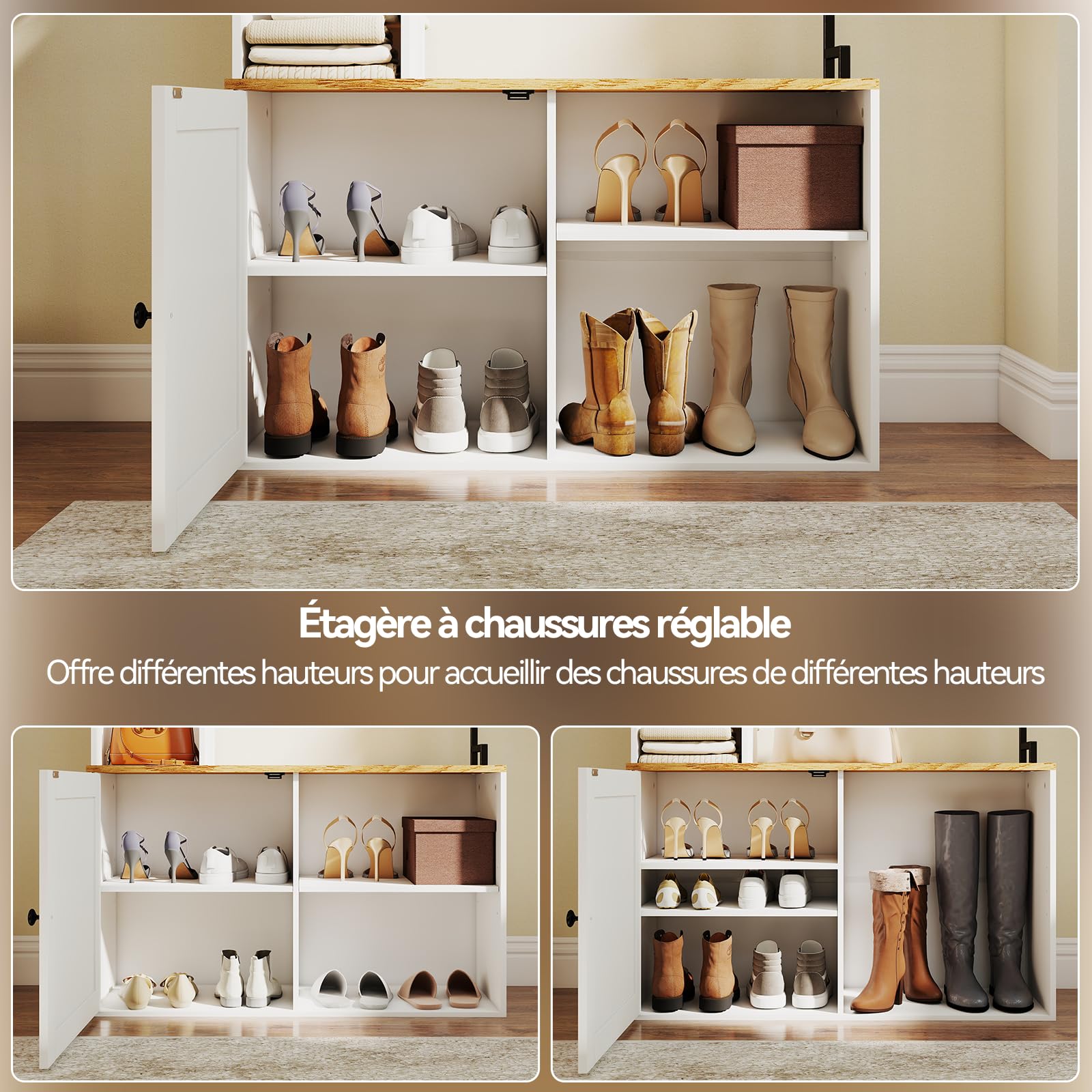 YU YUSING Vestiaire d'Entrée Multifonctionnel avec Miroir Banc et Placard, Meuble Porte-Manteau et Chaussures, 4 Crochets, Rangement Chaussures Réglable, Gain de Place, Couloir, Chambre, 90x30x170 cm