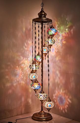 Miniatura 1 de DEMMEX - Lámpara de pie de mosaico marroquí turco, 9 globos grandes, lámpara de pie bohemia con mosaico Tiffany con enchufe y enchufe