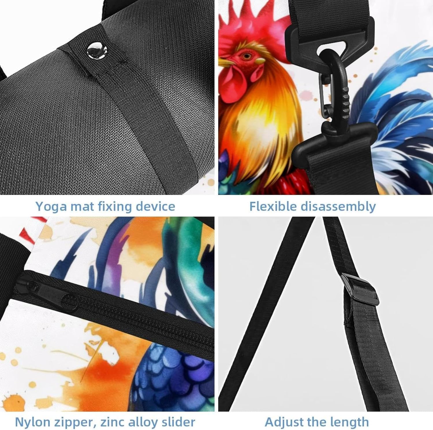 Gym Bag for Women, Colorful Rooster Yoga Mat Bag with Shoe Compartment, Sport Yoga Gym Bag with Yoga Strap, Carryall Yoga Tote Bag