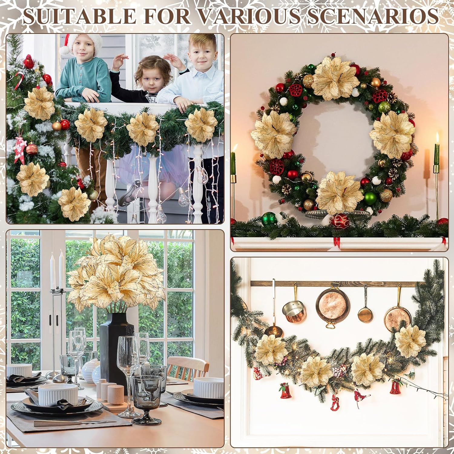 Hotop 6 Pcs Glitter Poinsettia Flowers 3 Large Heads Artificial Clivia Floral Picks 24 Inch Long Stem Artificial Christmas Flowers for Xmas Vase Table Centerpiece Wedding(Champagne Gold)