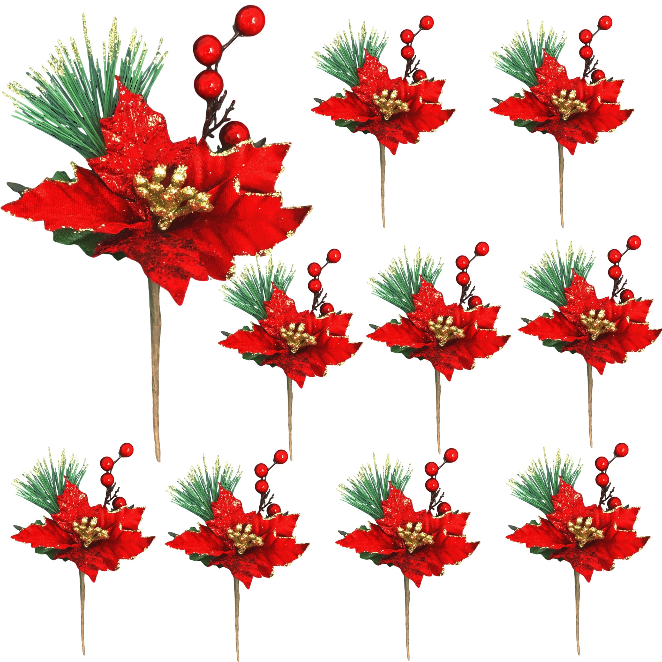 BANBERRY DESIGNS - Juego de 10 púas navideñas de Pascua roja, color rojo y dorado
