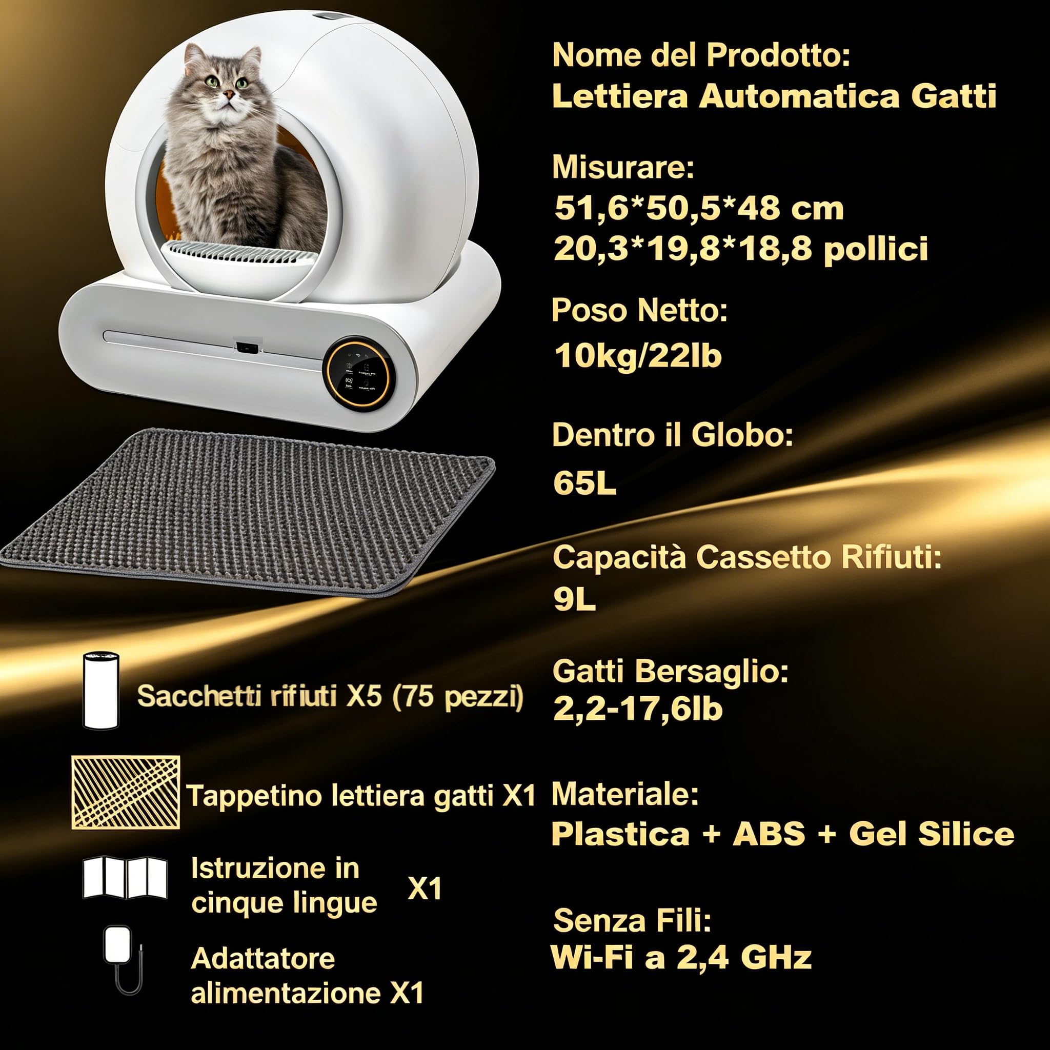Lettiera Autopulente Per Gatti 65 + 9 Litri, Con Controllo Tramite App, Lettiera Gatto Autopulente Ideale Per Famiglie Con Più Gatti
