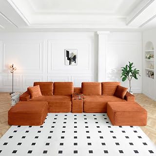 ivoros 150 Inch Modular Sectional Sofa Couch, Oversized Modern Cloud Couch for Living Room, U Shape Couches with 2 Ottomans, USB Ports and Cup Holders, Orange Corduroy Boneless Sofas, Sofa in a Box