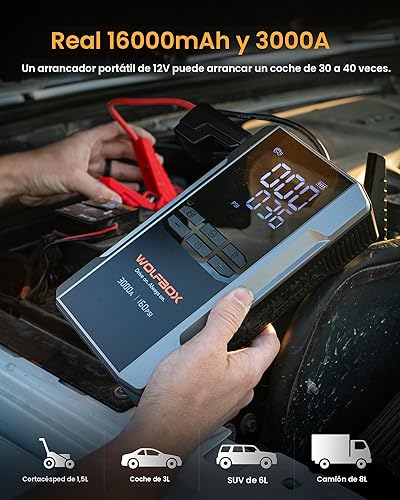 Miniatura 3 de WOLFBOX Arrancador de 3000 A con compresor de aire, batería portátil de 16000 mAh y 160 PSI para automóvil con carga rápida de 65 W, paquete de