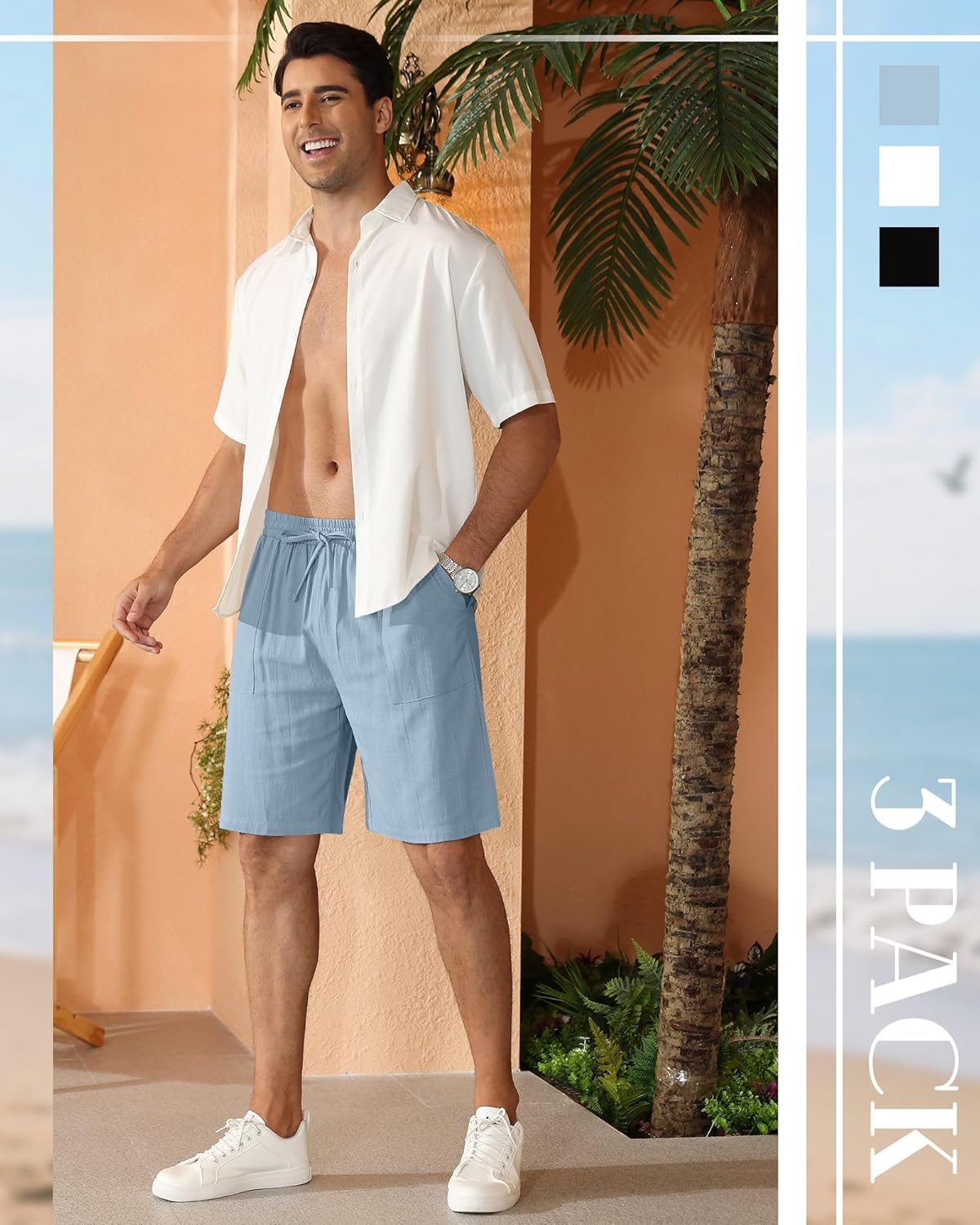 3 Pack Men's Linen Shorts, Casual Elastic Waist Drawstring Shorts Summer Golf Lounge Clothes with Pockets - Image 7