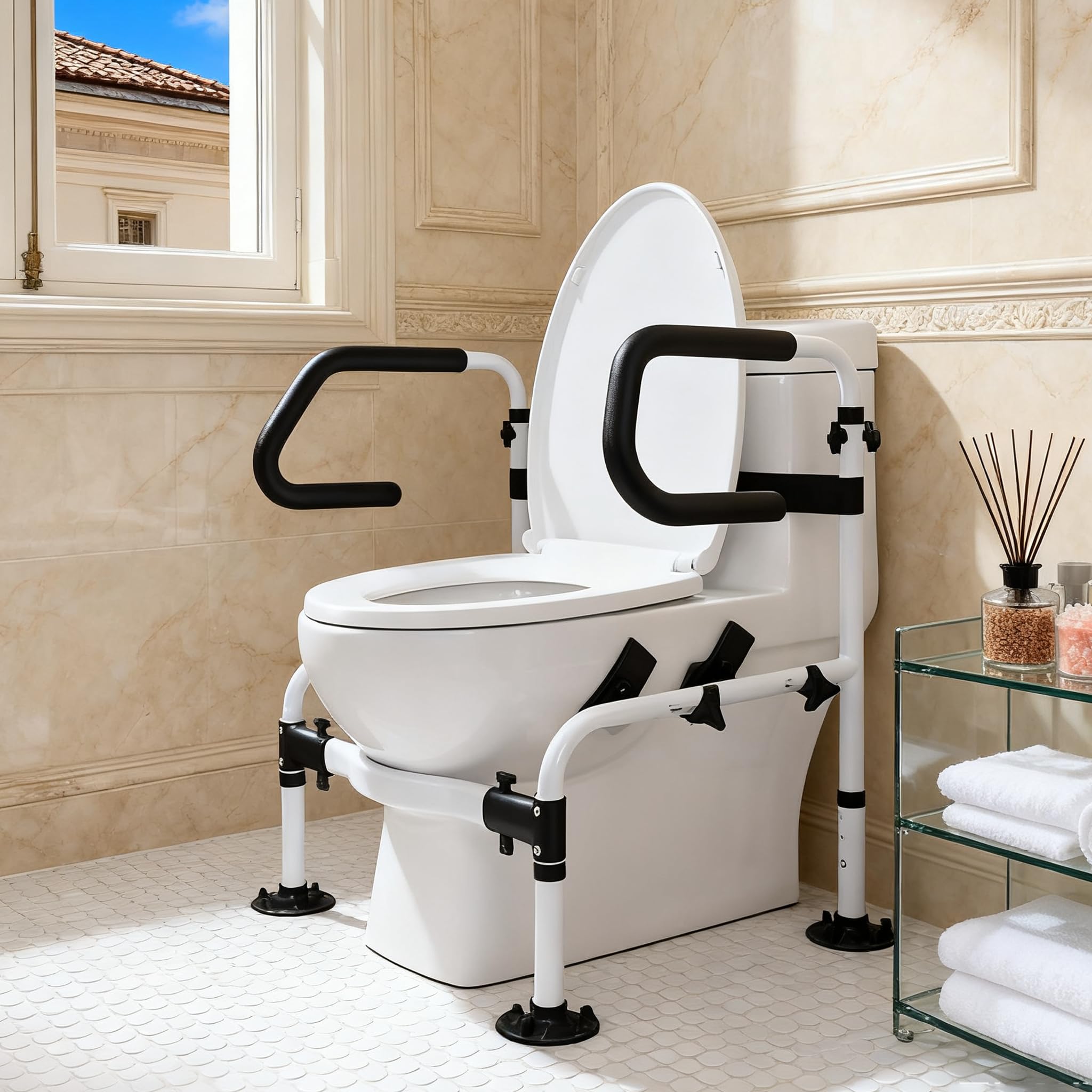 NJUN Supporti di Sicurezza per WC, Larghezza e Altezza Regolabili Telaio di Sicurezza per WC con Corrimano Antiscivolo a Doppio Strato e Grande Ventosa, Supporto WC per Anziani Incinte Disabili