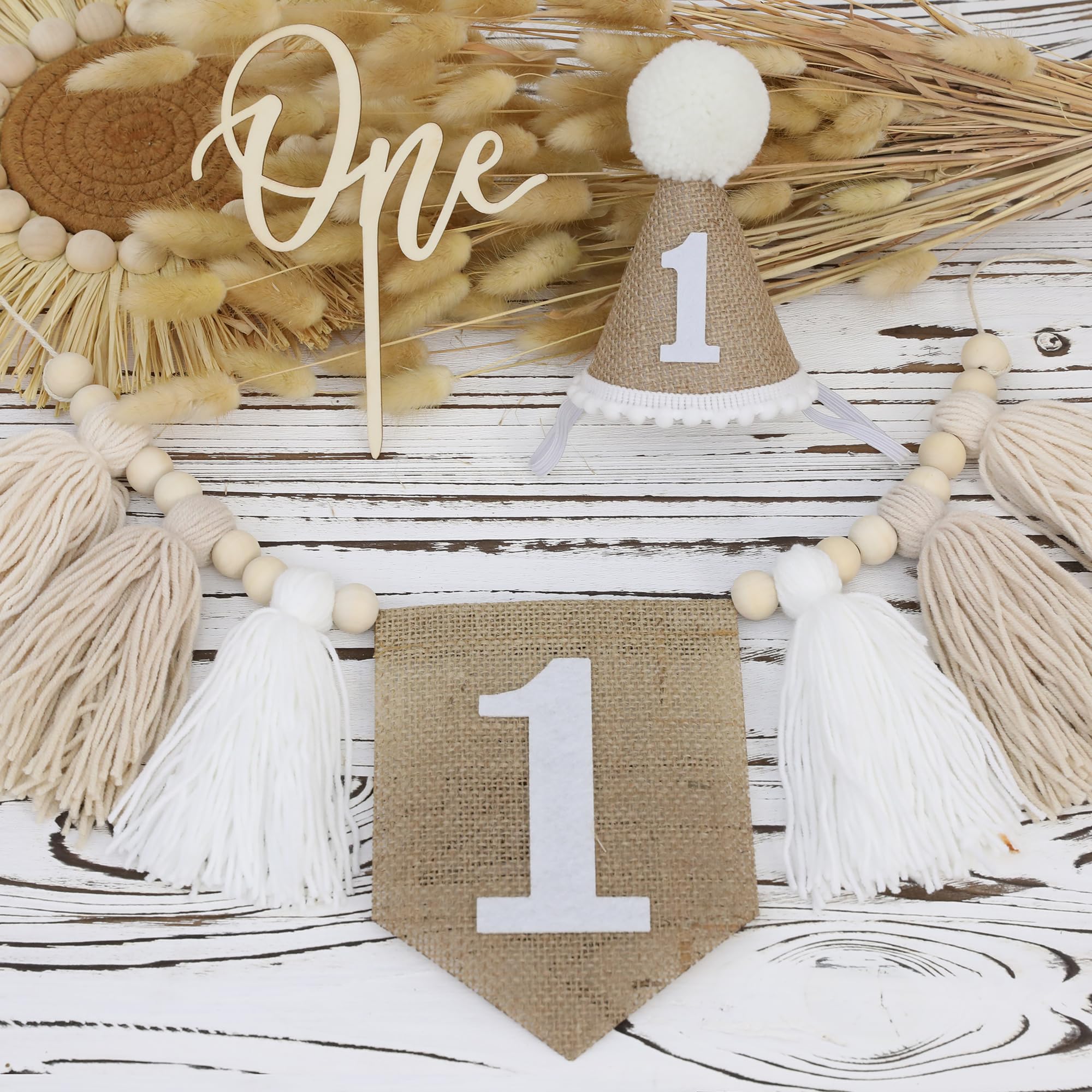 NO.4-169 Handmade Boho 1st Birthday High Chair Banner & Hat Set - Brown Wall Hanging Decor For Baby Girl Shower - View #8