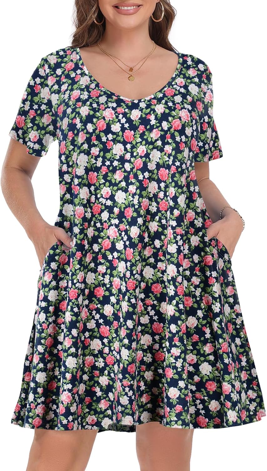 MONNURO Women's Casual Summer T Shirt Plus Size Dress Loose Short Sleeve V Neck Tunic Dress with Pocket