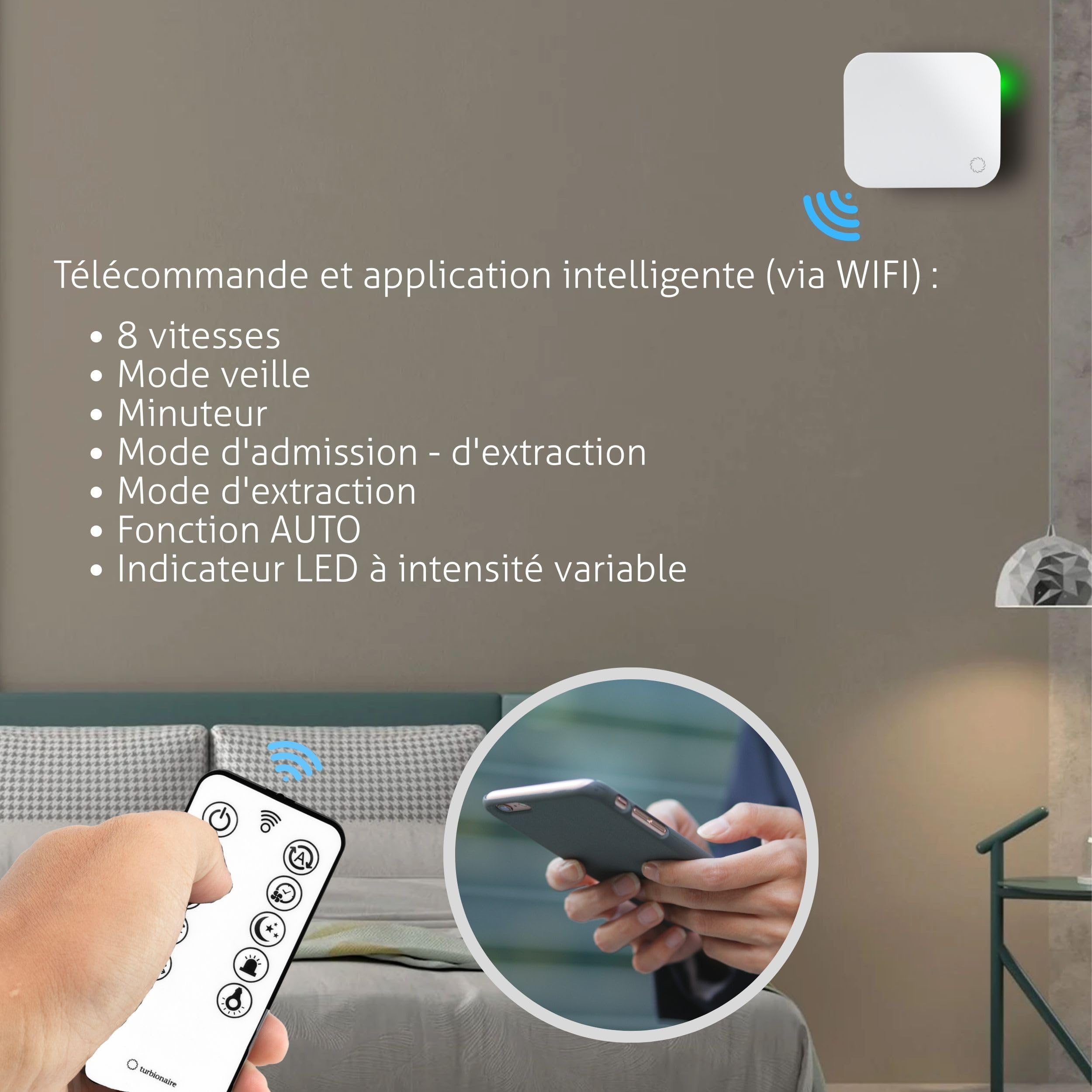 Turbionaire Trend HRV 150 WMW Unite de VMC Décentralisée à flux alternatif, WiFi, Récupérateur de Chaleur, Capteur d'Humidité, Télécommande, 8 Vitesses, 158 mm, Blanc, Silencieuse, Garantie 3 ans