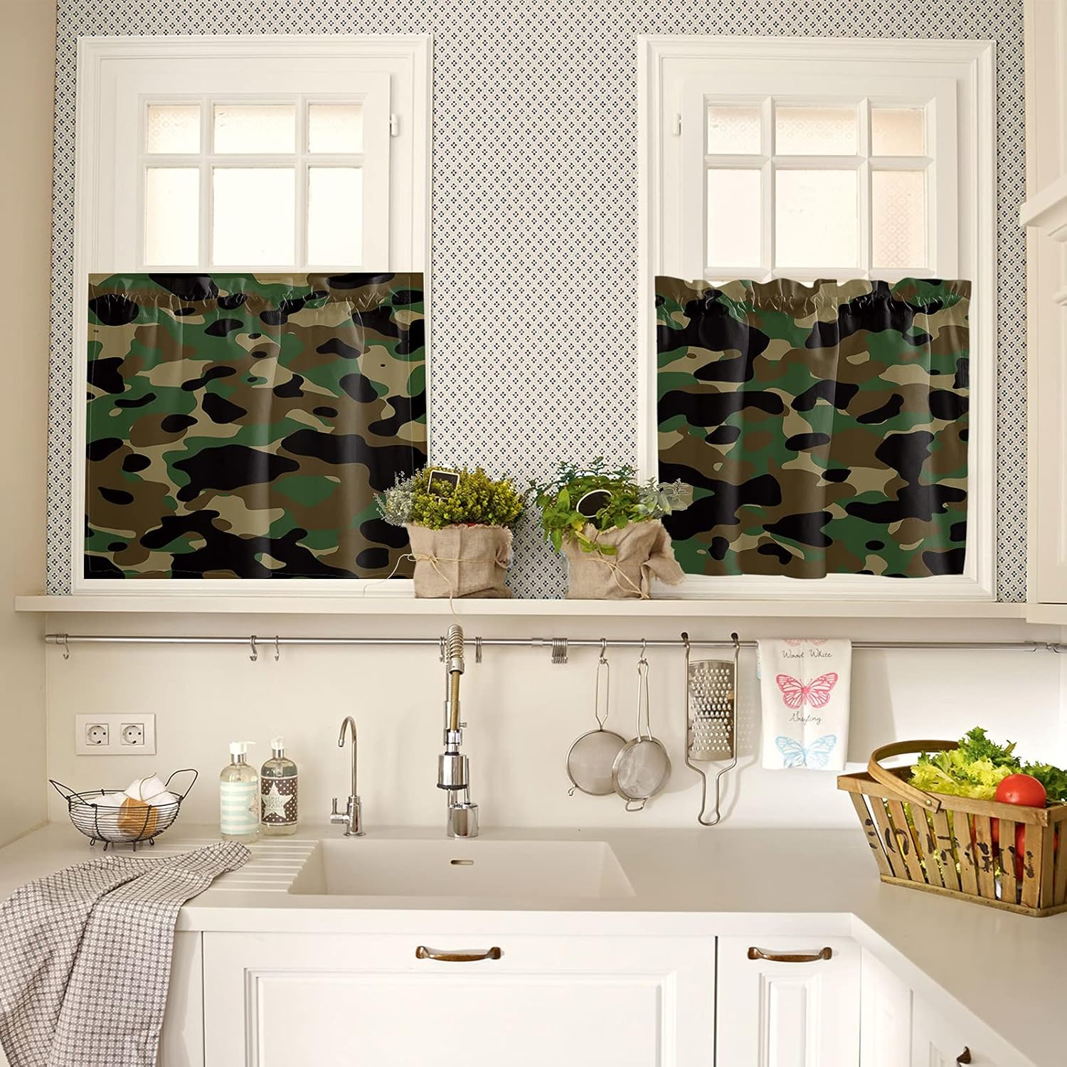 Kitchen Curtain 2 Panels Tiers Curtains 36 Inch Length, Camo Curtains Rod Pocket Curtains Window Drapes Treatment Window Cafe Curtains Illustrated Green Camouflage in Forest Colors Hunter Combat