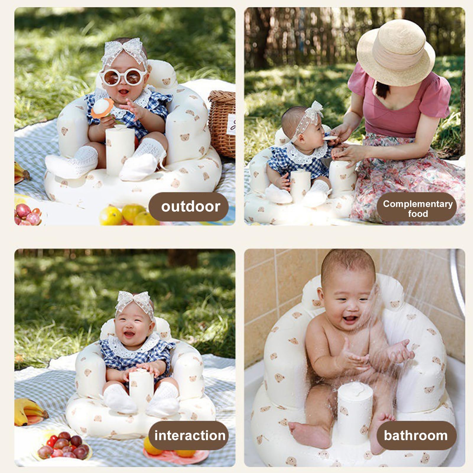 Nadmuchiwane siedzisko dla dzieci w wieku od 3 do 36 miesięcy, do nauki siedzenia, przenośne, odporne na upadki, składane, z siedziskiem zabawkowym (mały miś)