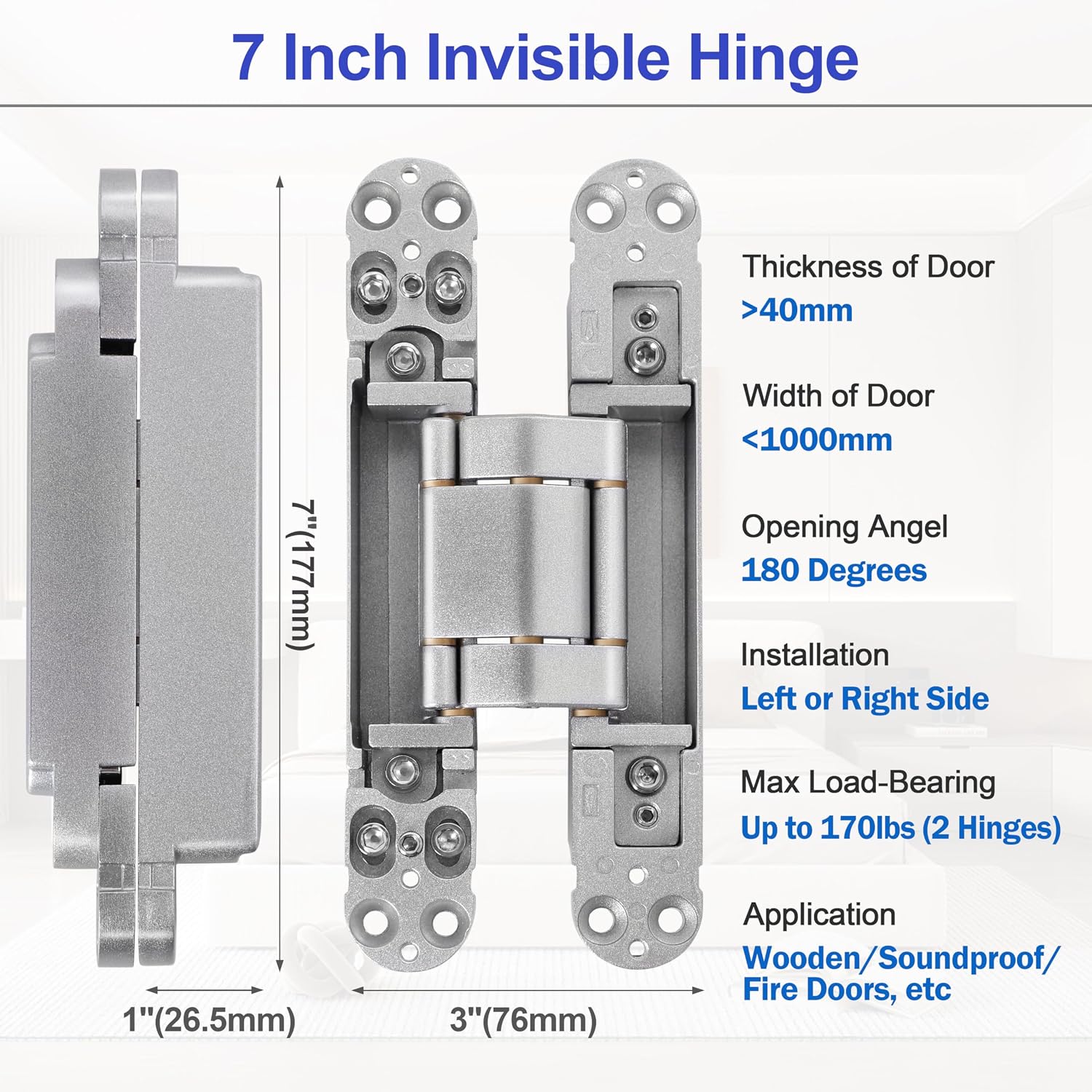 2Kits 7 inch Stainless Steel Hidden Door Hinges -Invisible Hinges for Doors, 180 Degree Swing Concealed Door Hinges, 3 Way Adjustable for Heavy Duty (‎Silver)