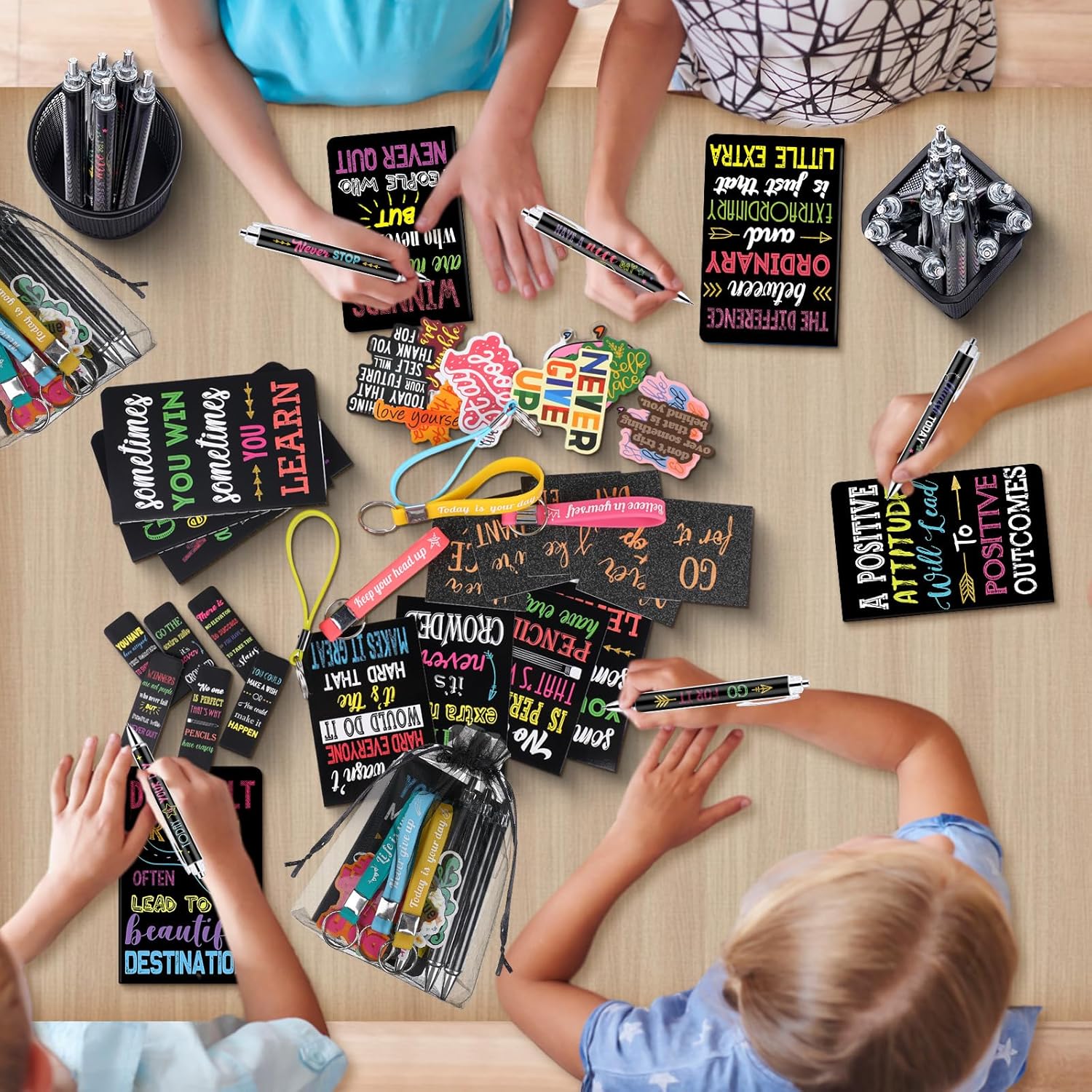 Pasimy 218 Pcs Inspirational Stationery Gifts Motivational Mini Notepad Pen Quote Bookmarks Stress Relief Stickers Inspiring Silicone Keychains for Home Office Appreciation Gift(Dark) - Image 6