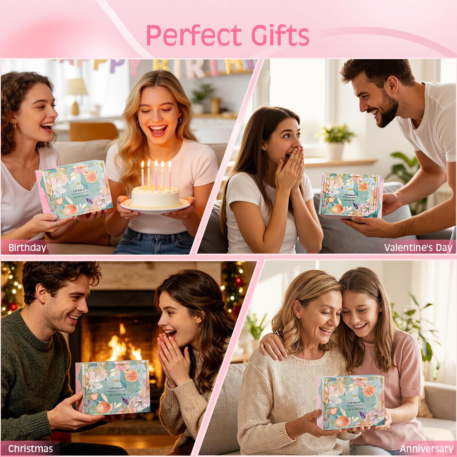 Lot de 48 baumes à lèvres aux 12 parfums différents pour les lèvres sèches et gercées. Baume hydratant idéal pour petits cadeaux pour femmes hommes anniversaire la Saint-Valentin la fête des Mères