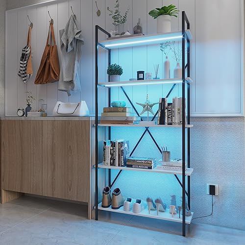 Miniatura 6 de Vlsrka Estantería de 5 niveles con 3 luces LED, estantería industrial alta, estantería vintage Etagere moderna, organizador de almacenamiento,