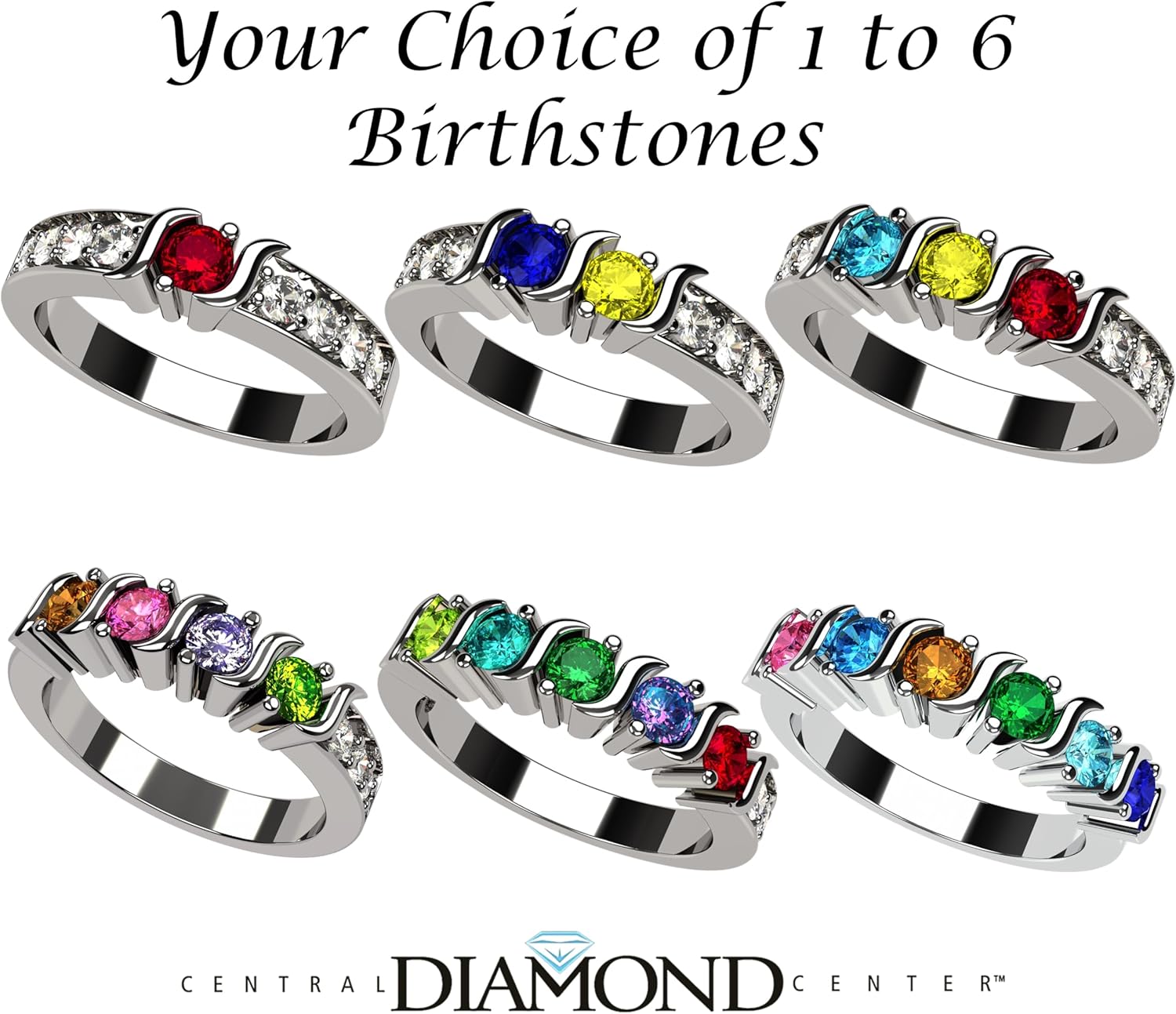 Central Diamond Center S-Bar with Sides Mothers Birthstone Ring in Sterling Silver, 10K or 14K Gold w/ 1-6 Simulated Gemstones